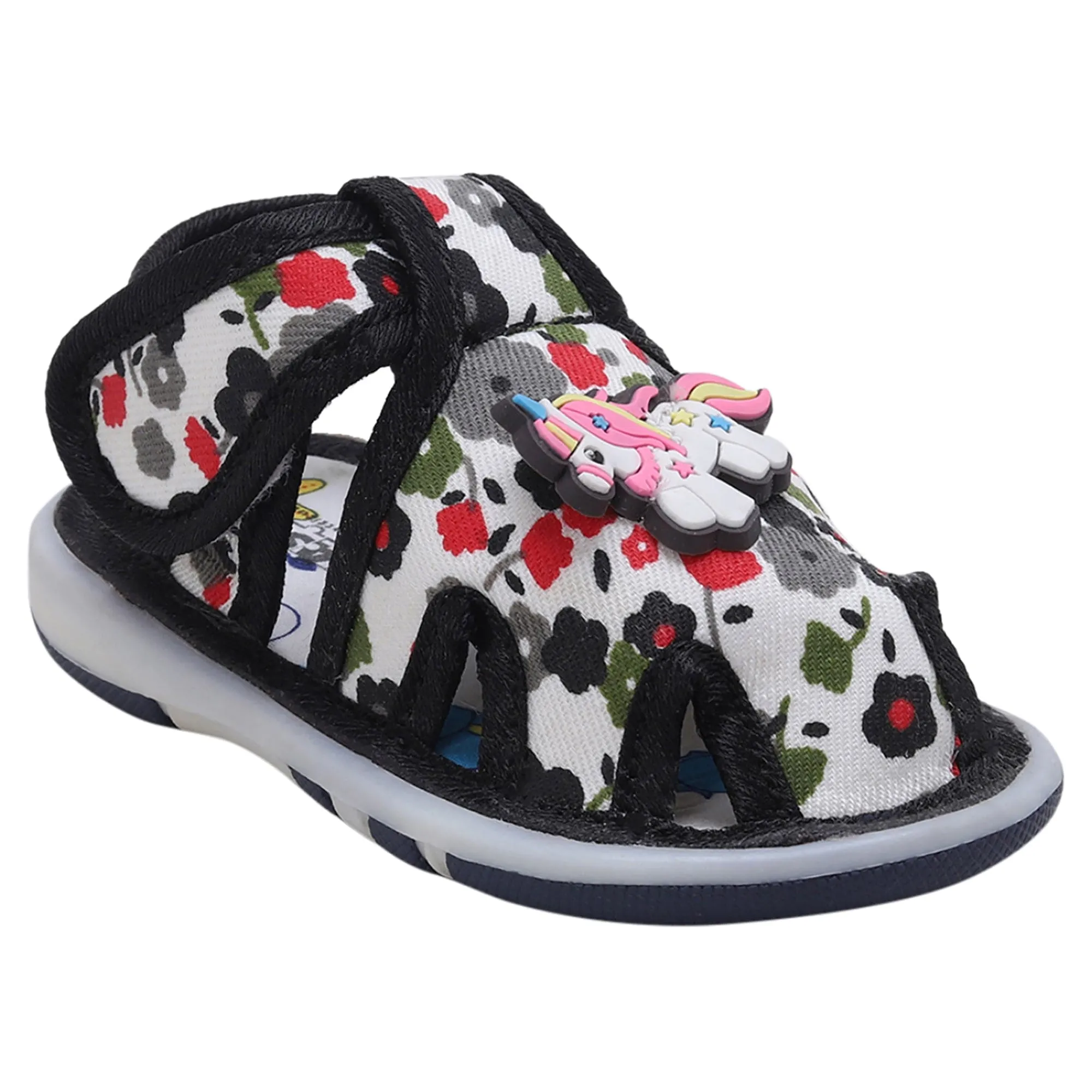 Baby Moo Unicorn Applique Floral Print Velcro Strap Anti-Skid Chu Chu Sound Sandals - Green