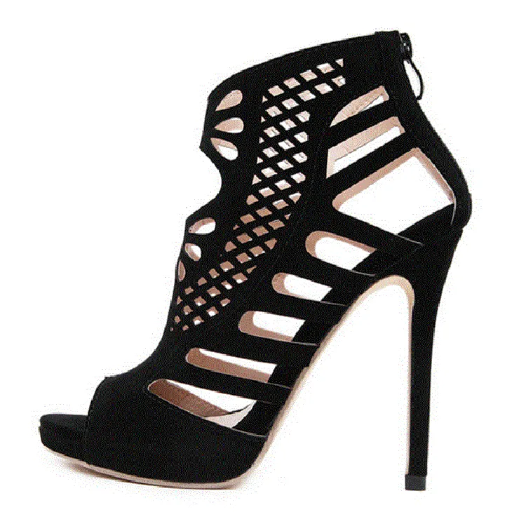 Black Suede High Heel Peep Toe Sandals