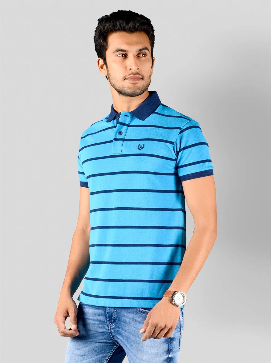 Bright Blue Striped Slim Fit Polo T-shirt | Greenfibre