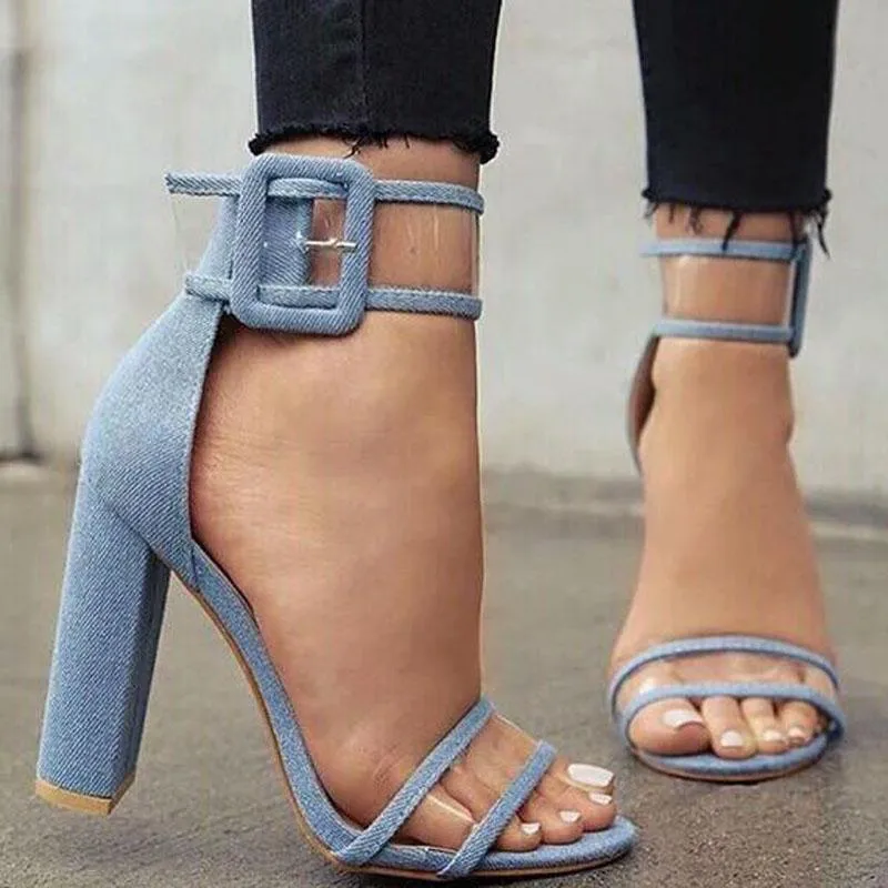 Chunky Heel Clear Buckle Open Toe Sandals