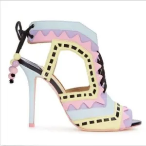 Color Block Suede Cutout Open Toe High Heel Sandals