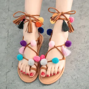 Colorful Ball Decorate Slip-on Tassels Lace UP Flat Sandals