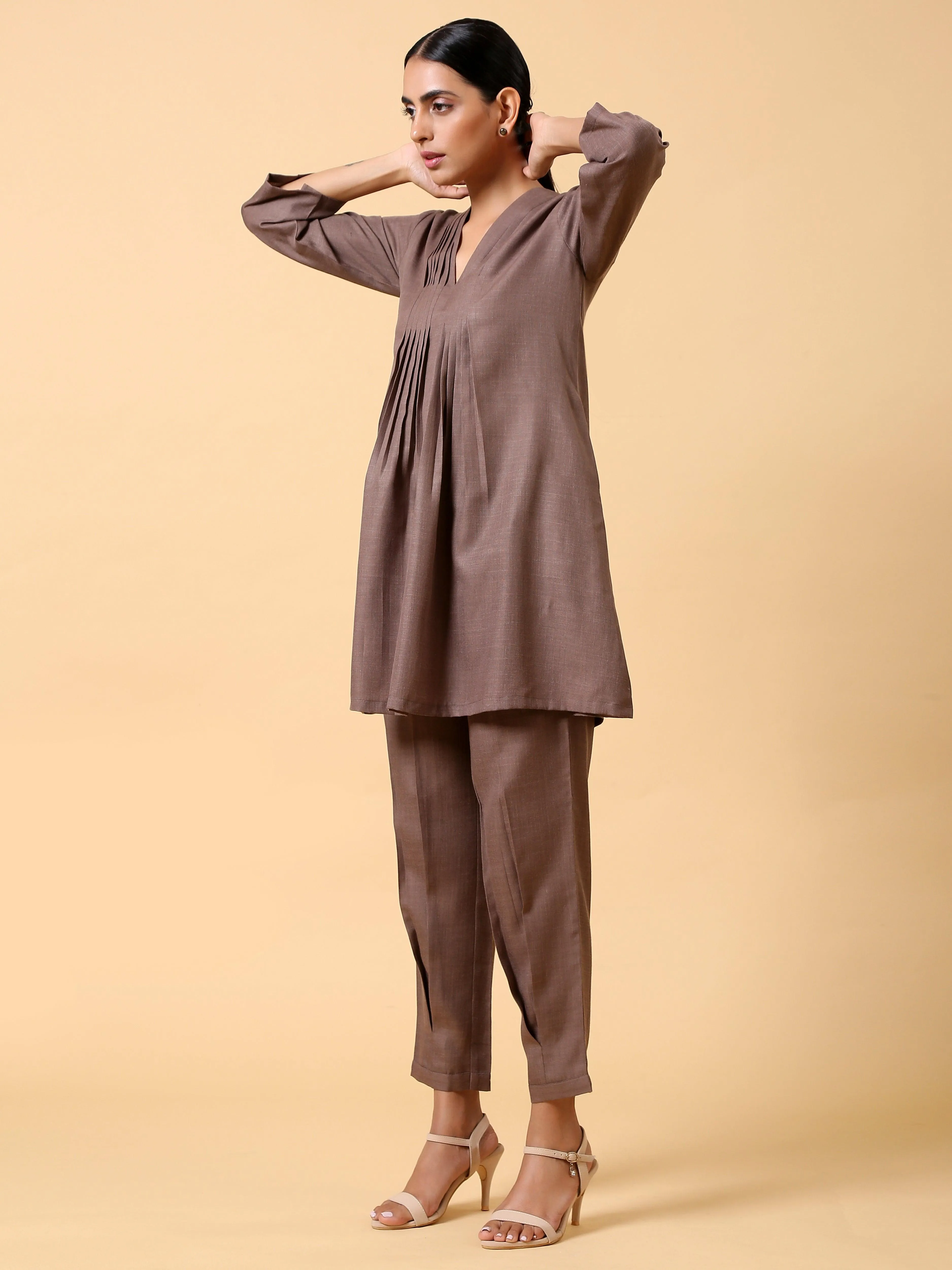 Cotton Linen Burnt Brown Pleated Co-Ord Set