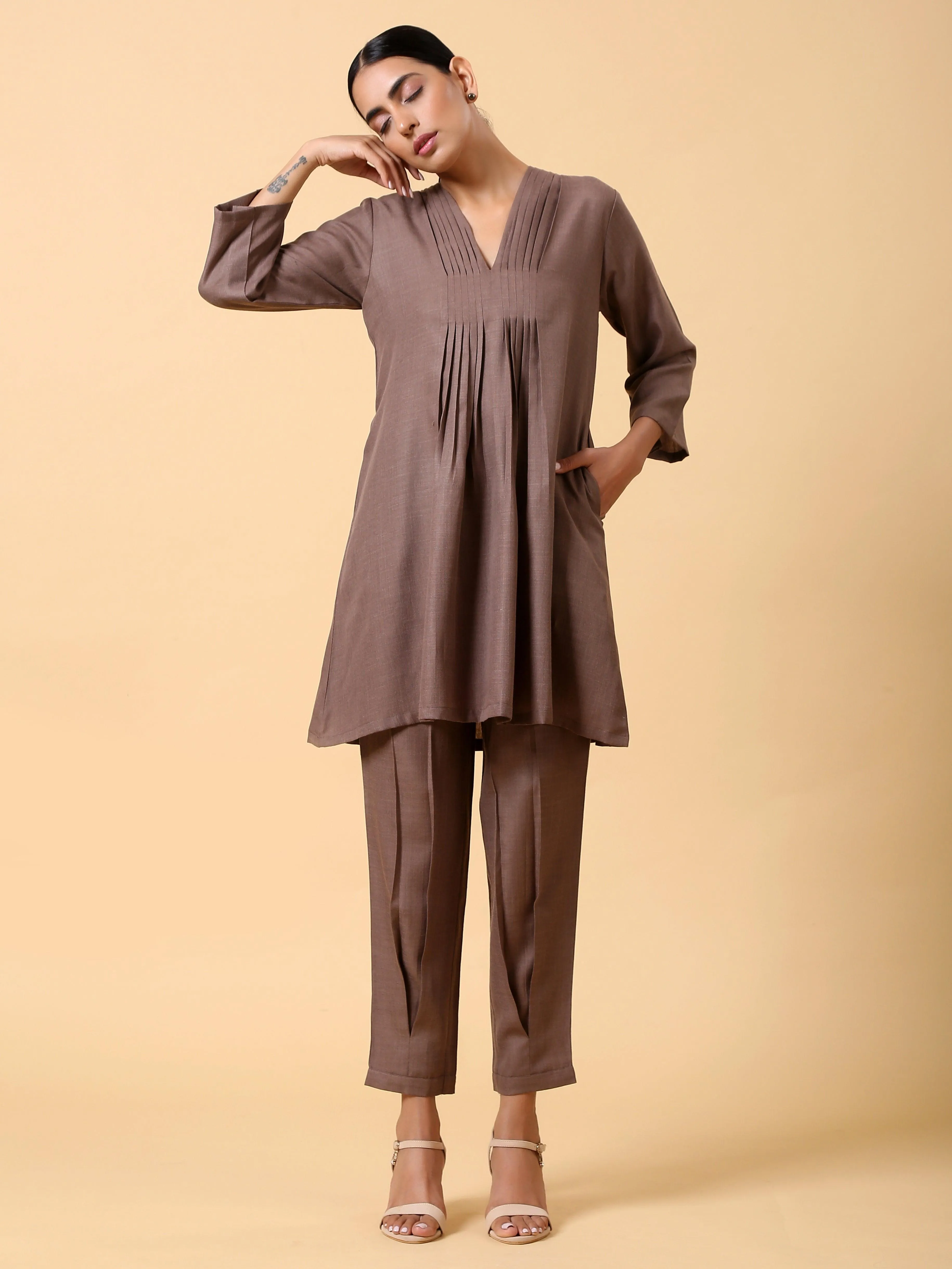 Cotton Linen Burnt Brown Pleated Co-Ord Set