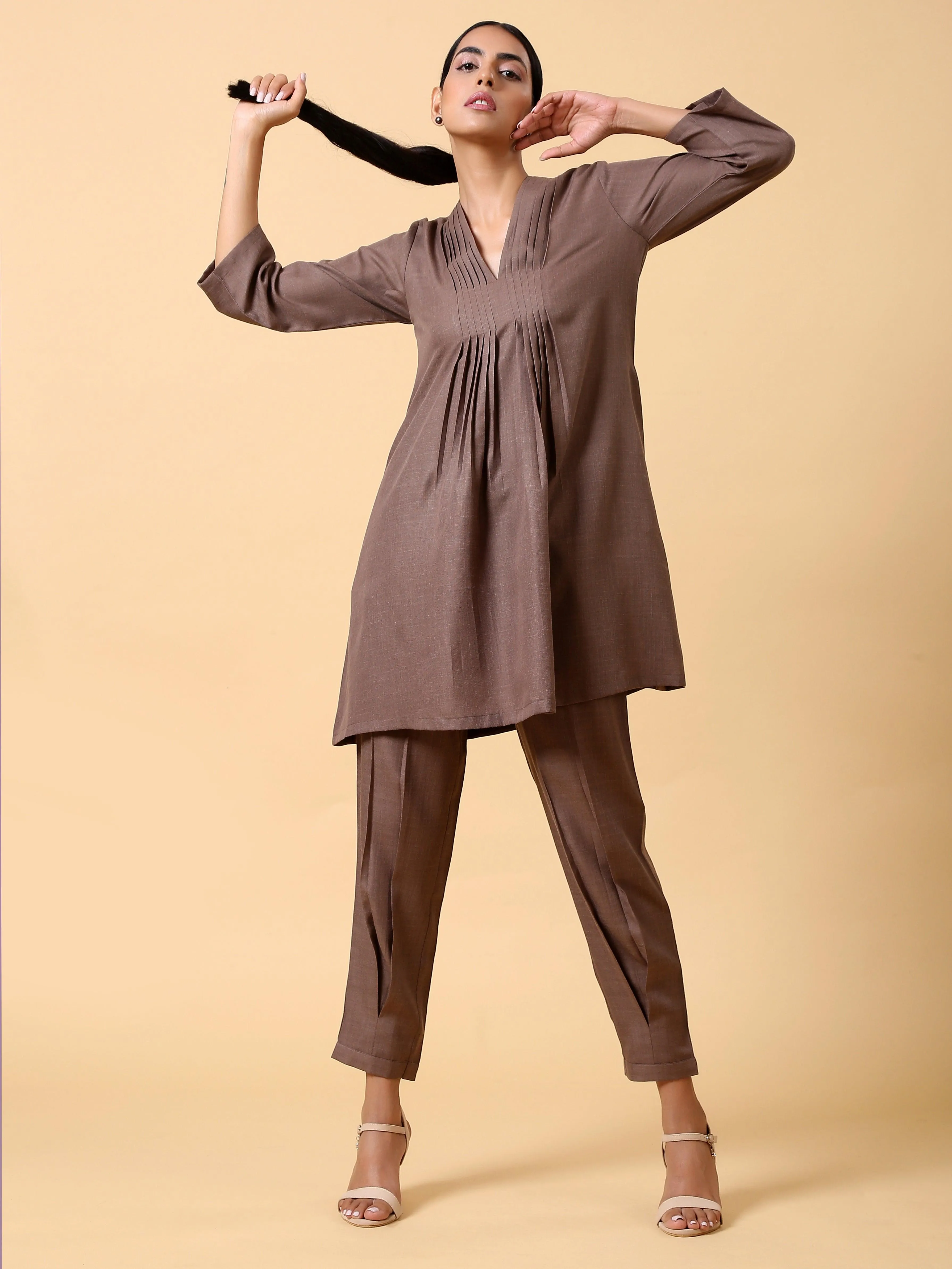 Cotton Linen Burnt Brown Pleated Co-Ord Set