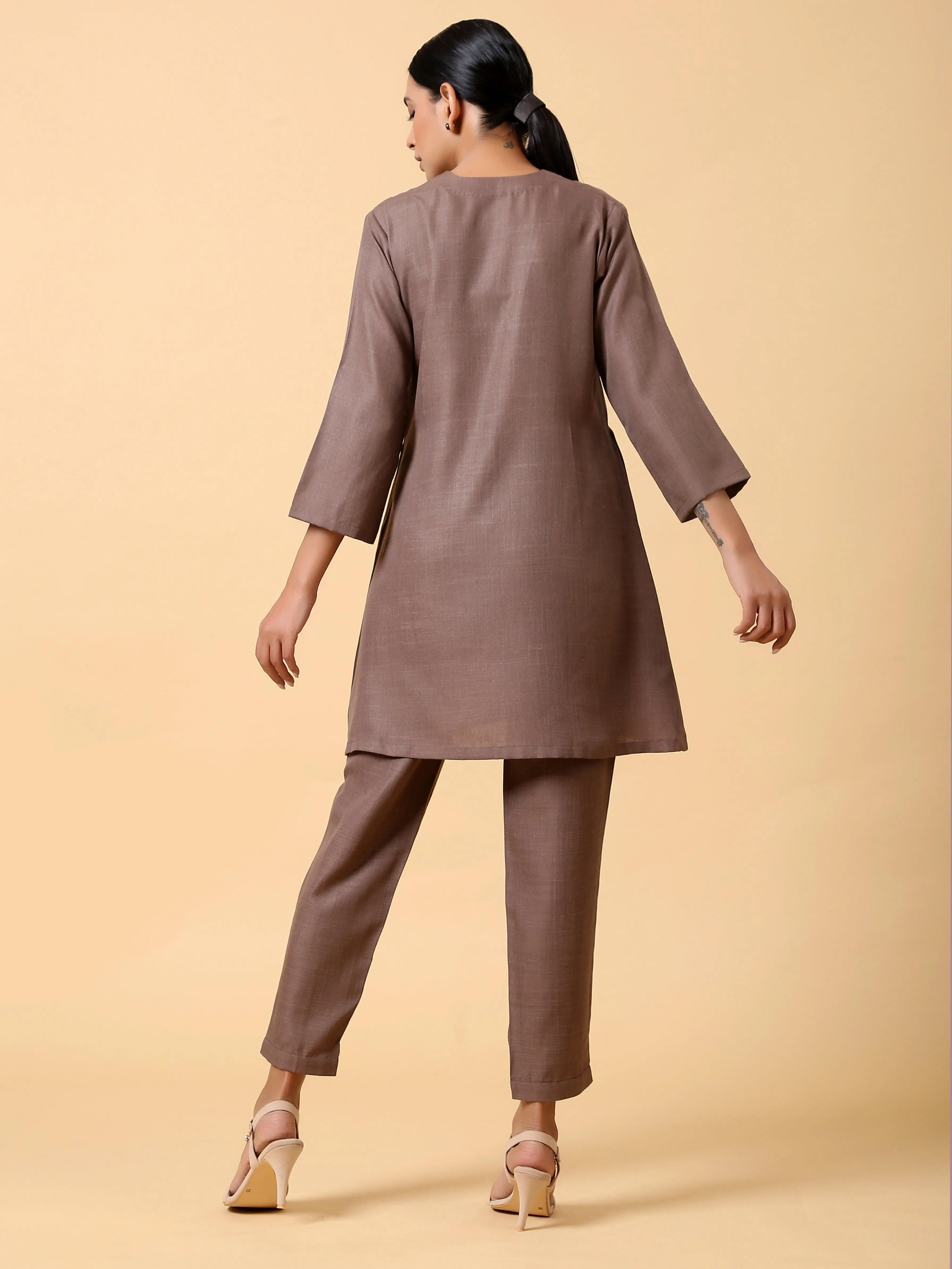 Cotton Linen Burnt Brown Pleated Co-Ord Set