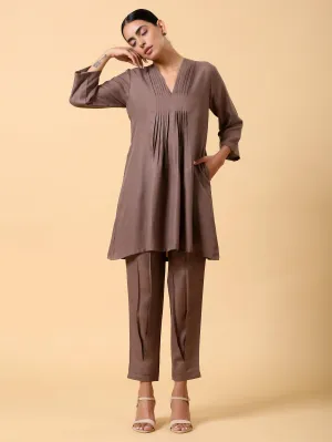 Cotton Linen Burnt Brown Pleated Co-Ord Set