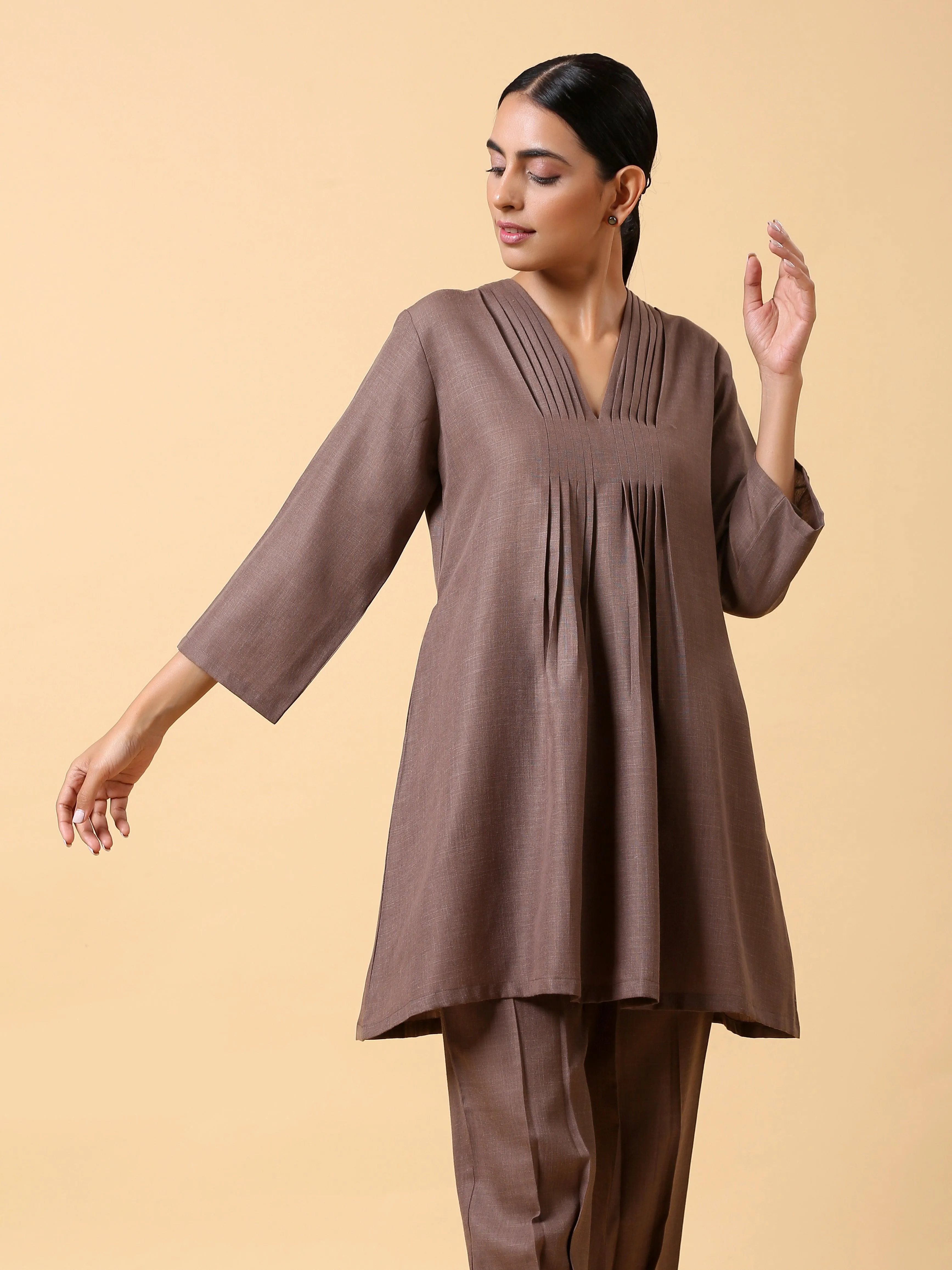 Cotton Linen Burnt Brown Pleated Co-Ord Set