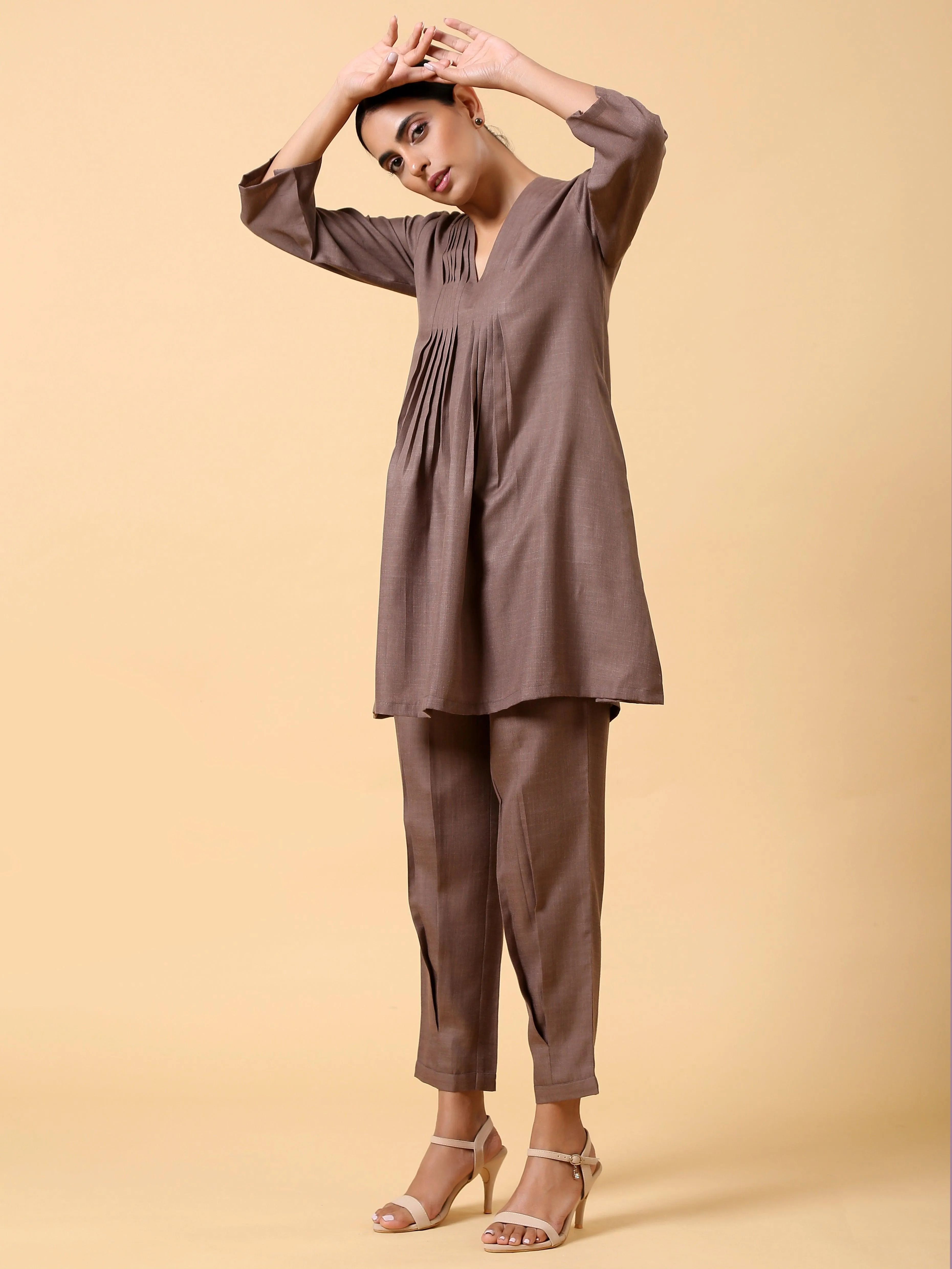 Cotton Linen Burnt Brown Pleated Co-Ord Set