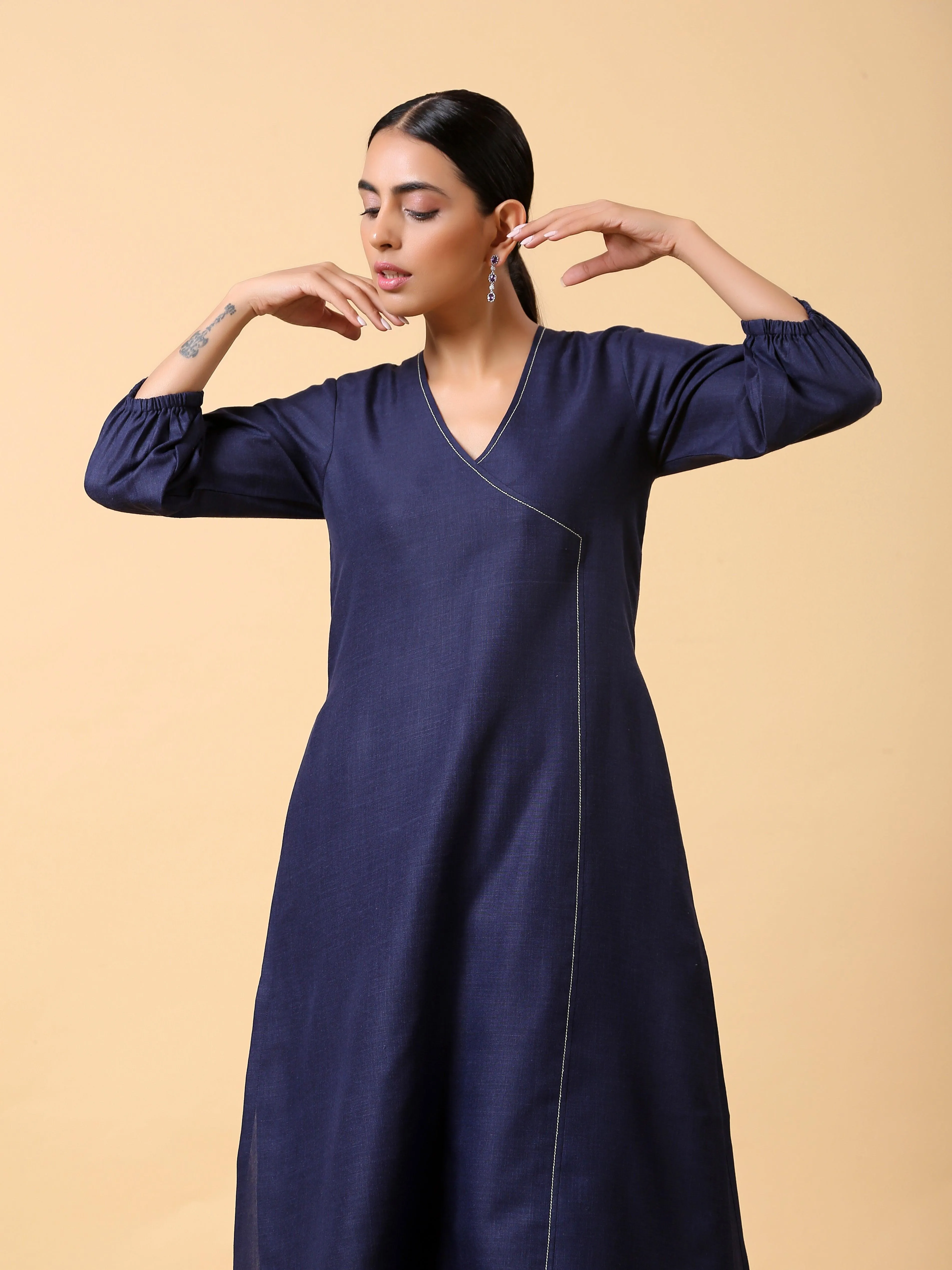 Cotton Linen Dark Blue Kurta Pant Set