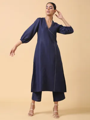 Cotton Linen Dark Blue Kurta Pant Set