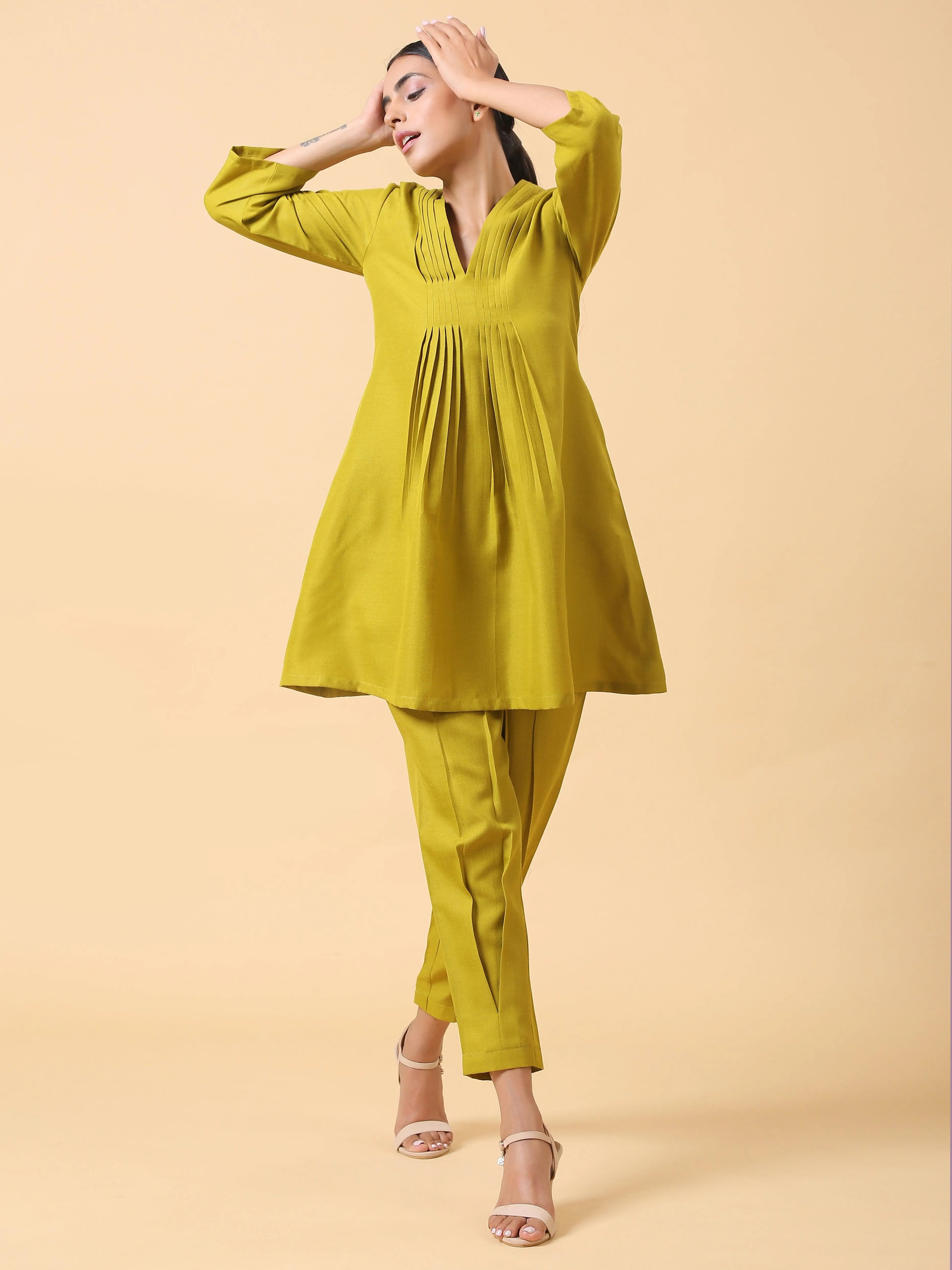 Cotton Linen Lime Green Pleated Co-Ord Set