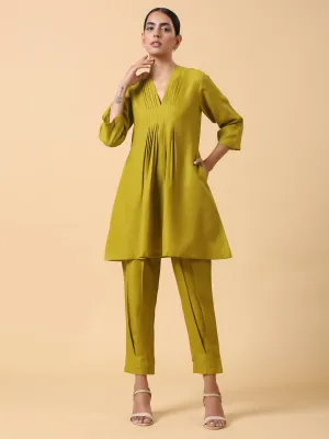 Cotton Linen Lime Green Pleated Co-Ord Set