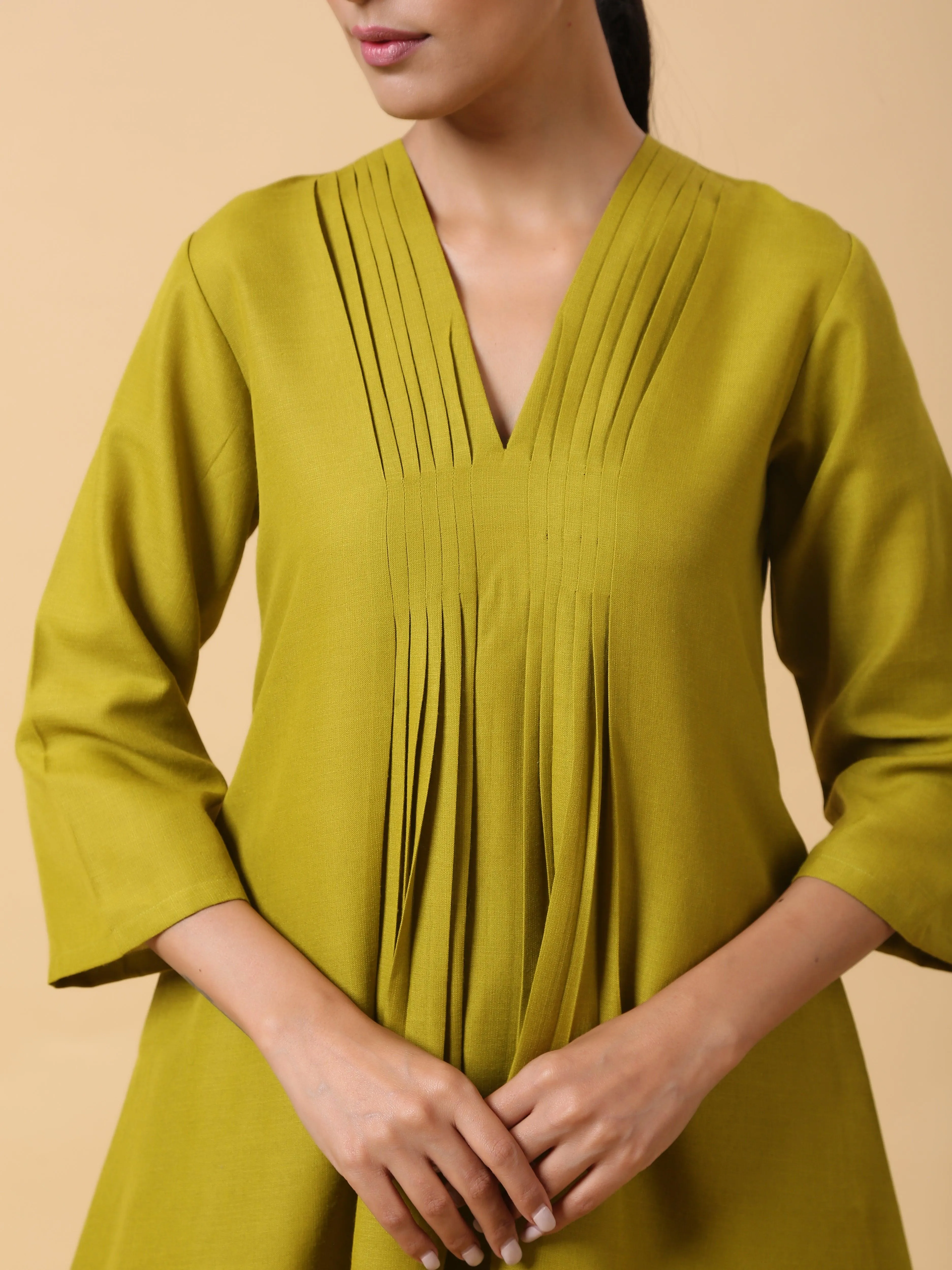 Cotton Linen Lime Green Pleated Co-Ord Set