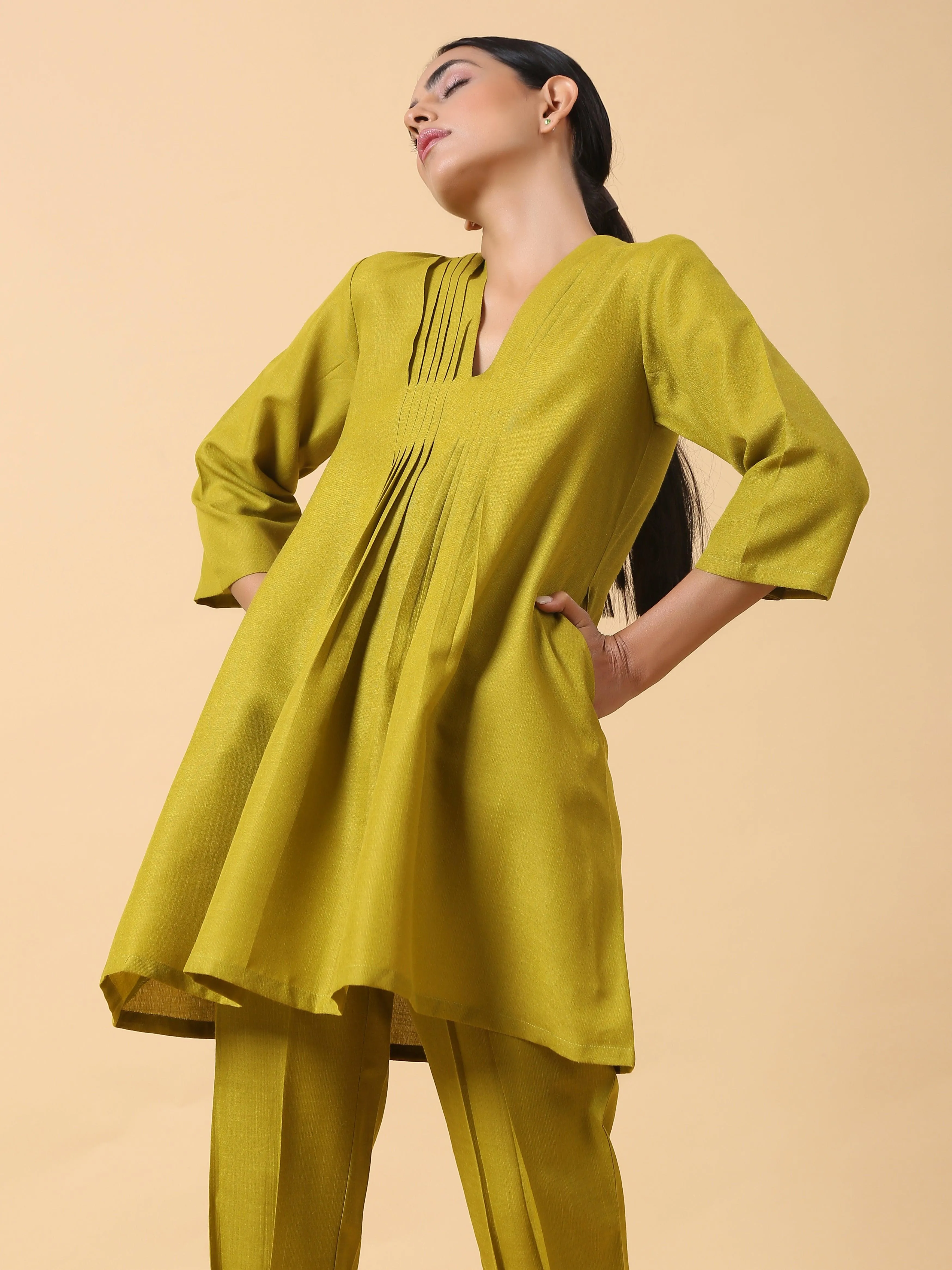 Cotton Linen Lime Green Pleated Co-Ord Set