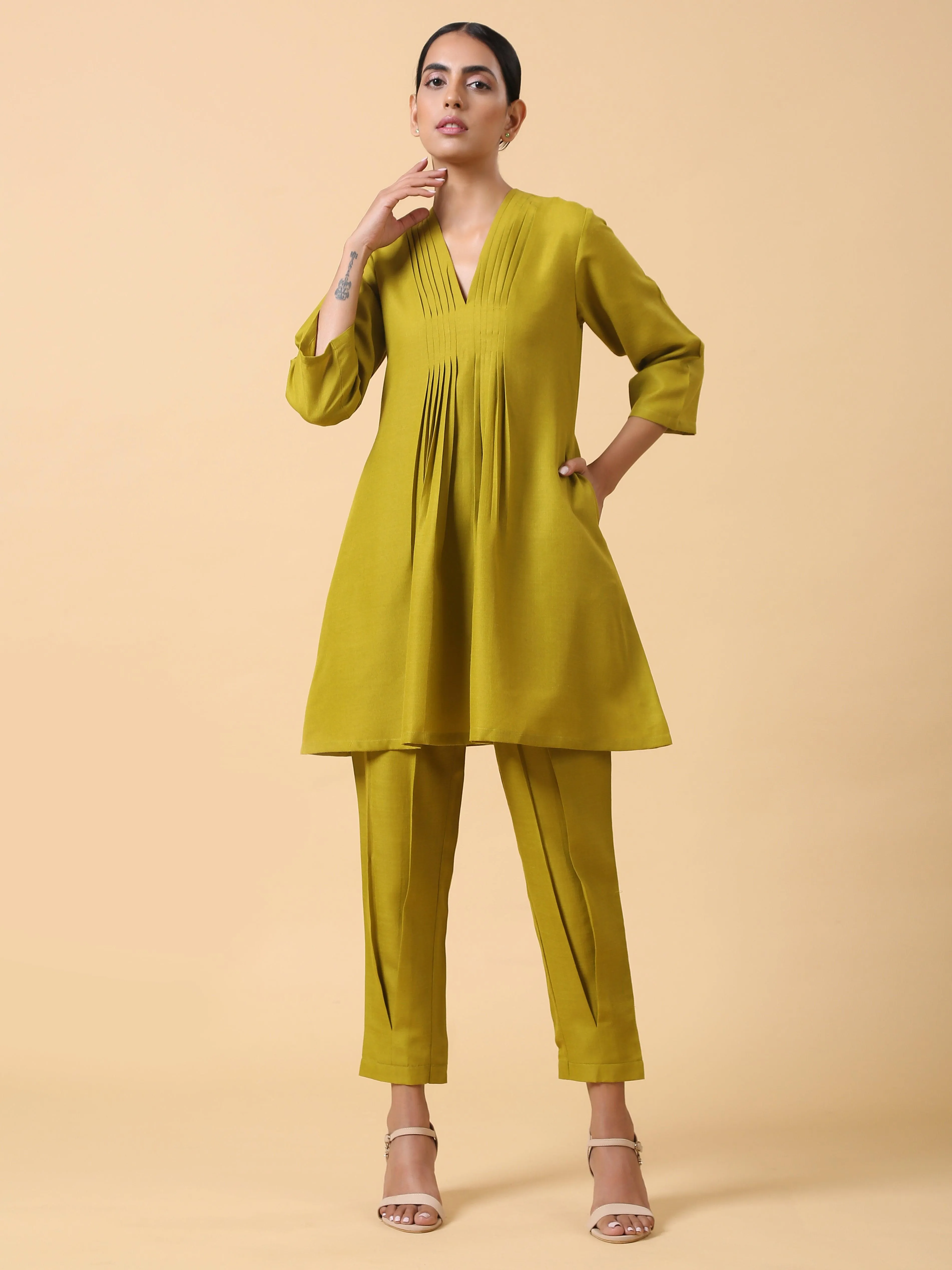 Cotton Linen Lime Green Pleated Co-Ord Set