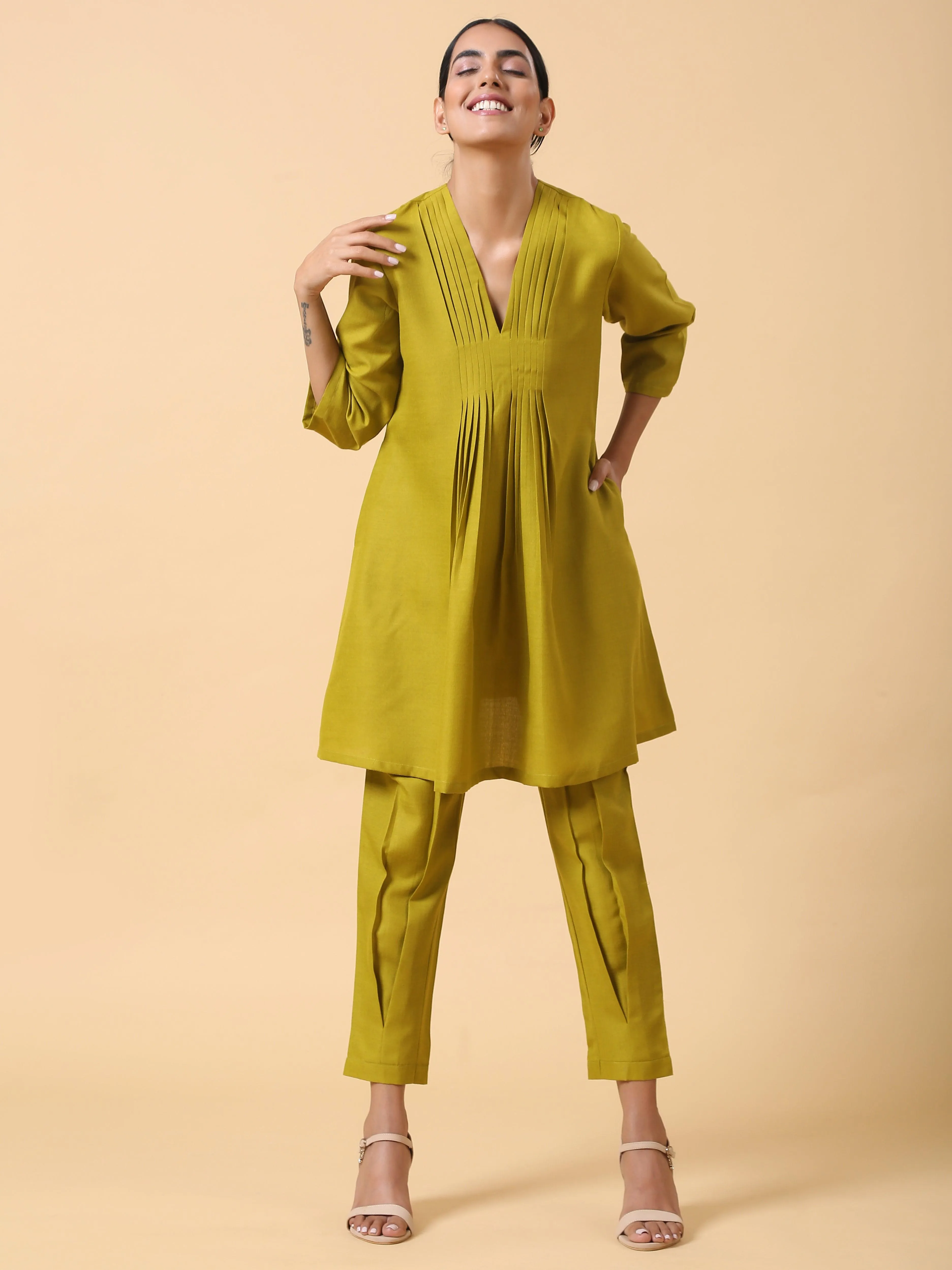 Cotton Linen Lime Green Pleated Co-Ord Set