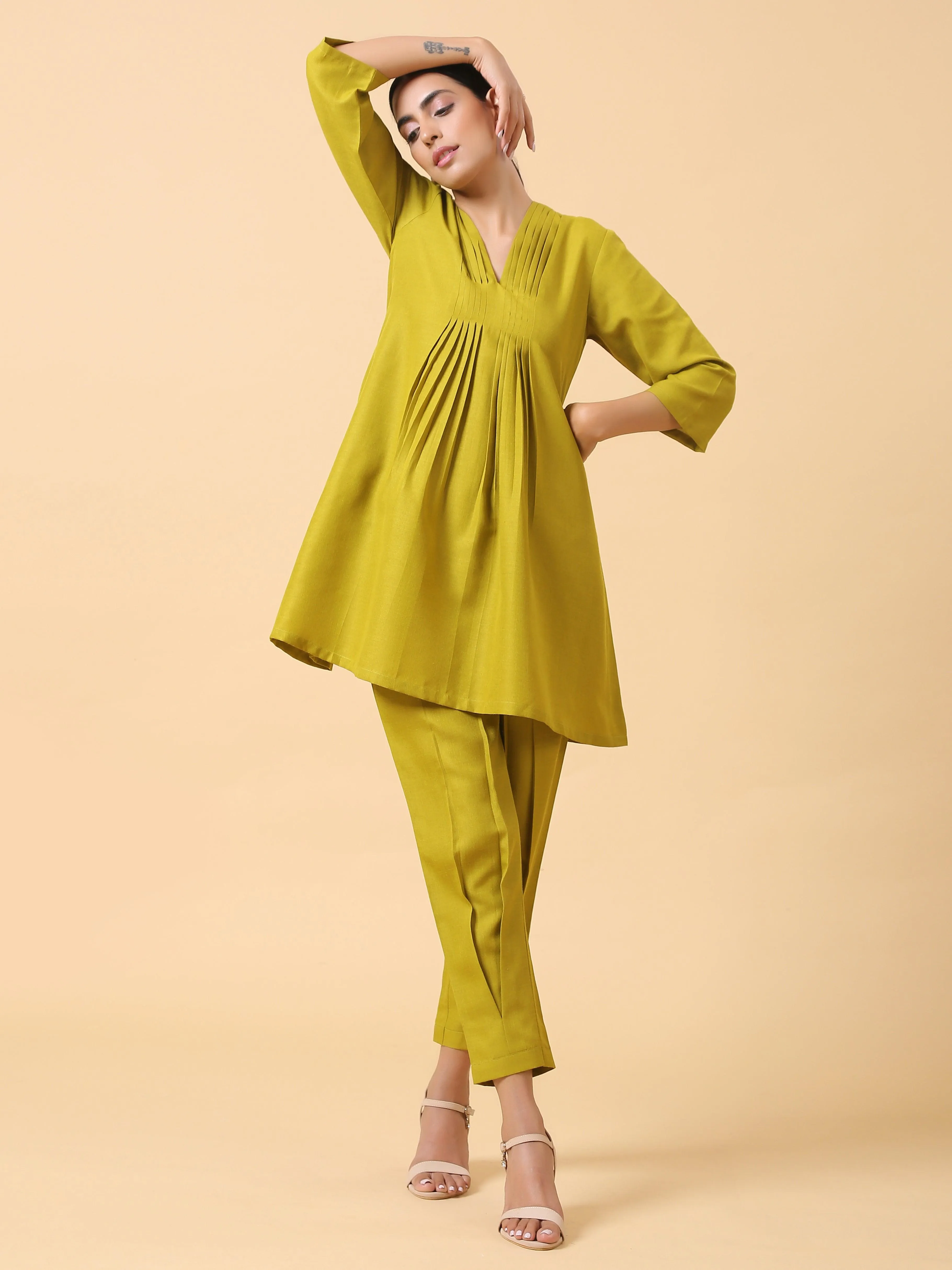 Cotton Linen Lime Green Pleated Co-Ord Set