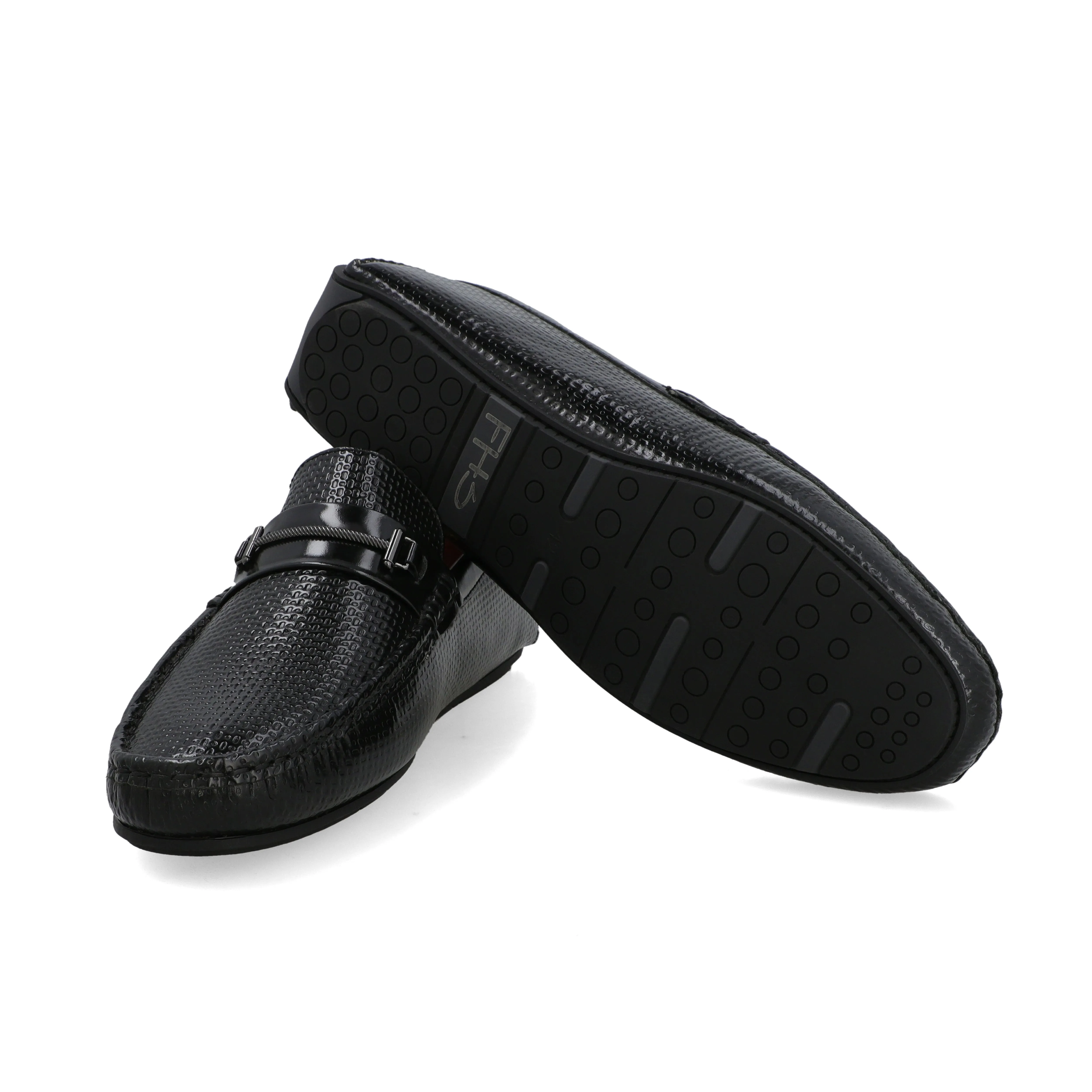 Embossed Gun Metal Buckled Moccasins