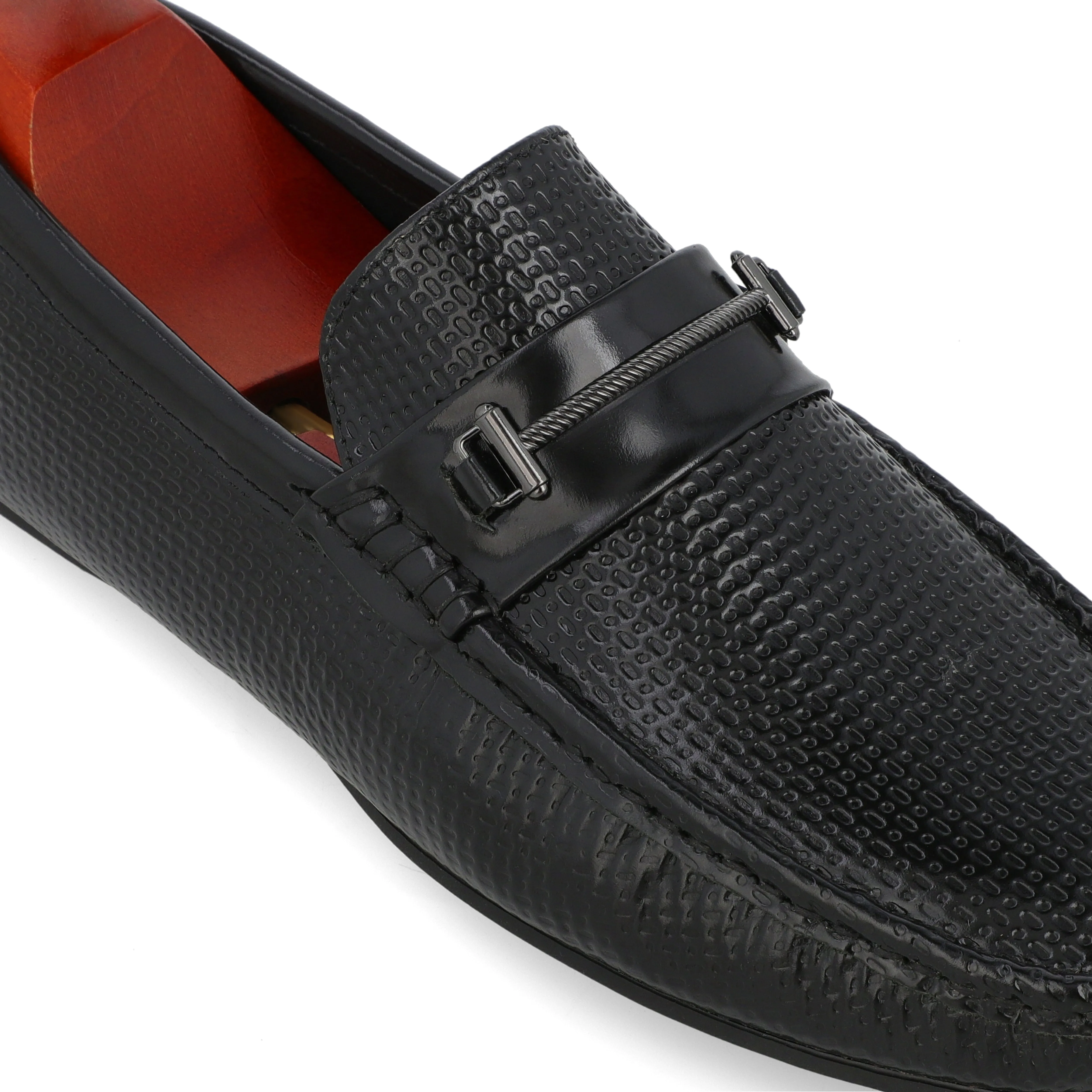 Embossed Gun Metal Buckled Moccasins