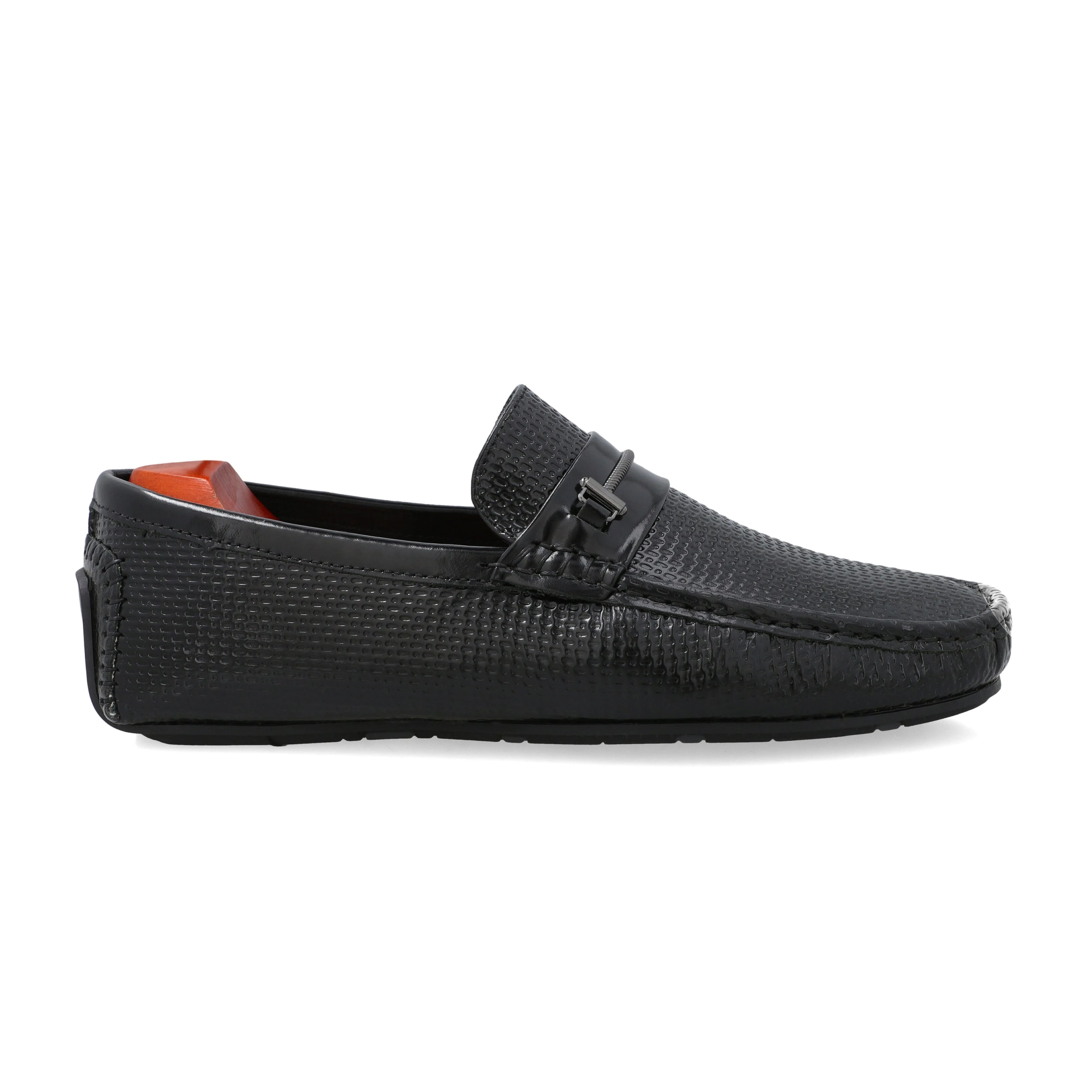 Embossed Gun Metal Buckled Moccasins