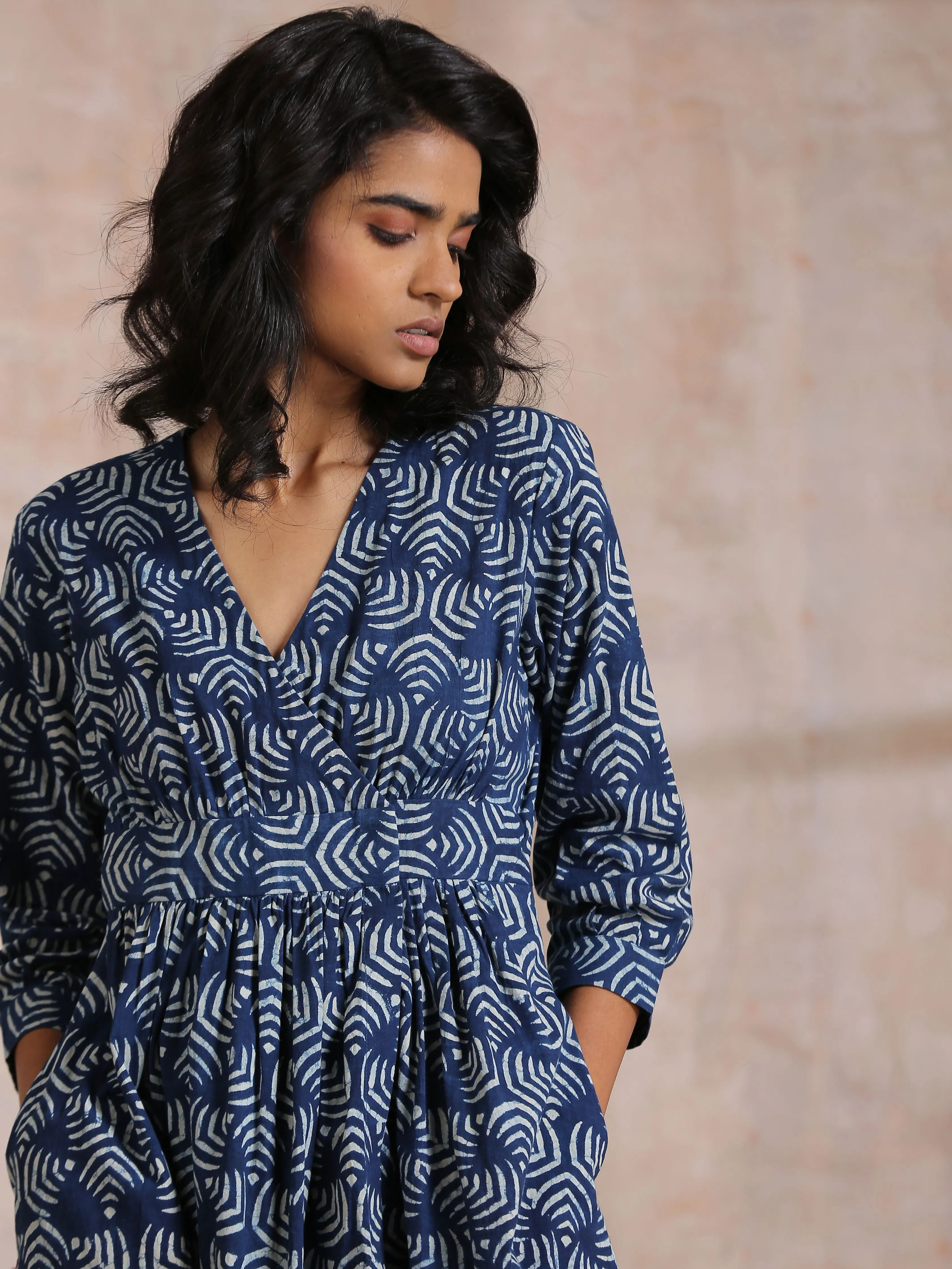 Indigo Dabu Overall Print Cotton Wrap Dress