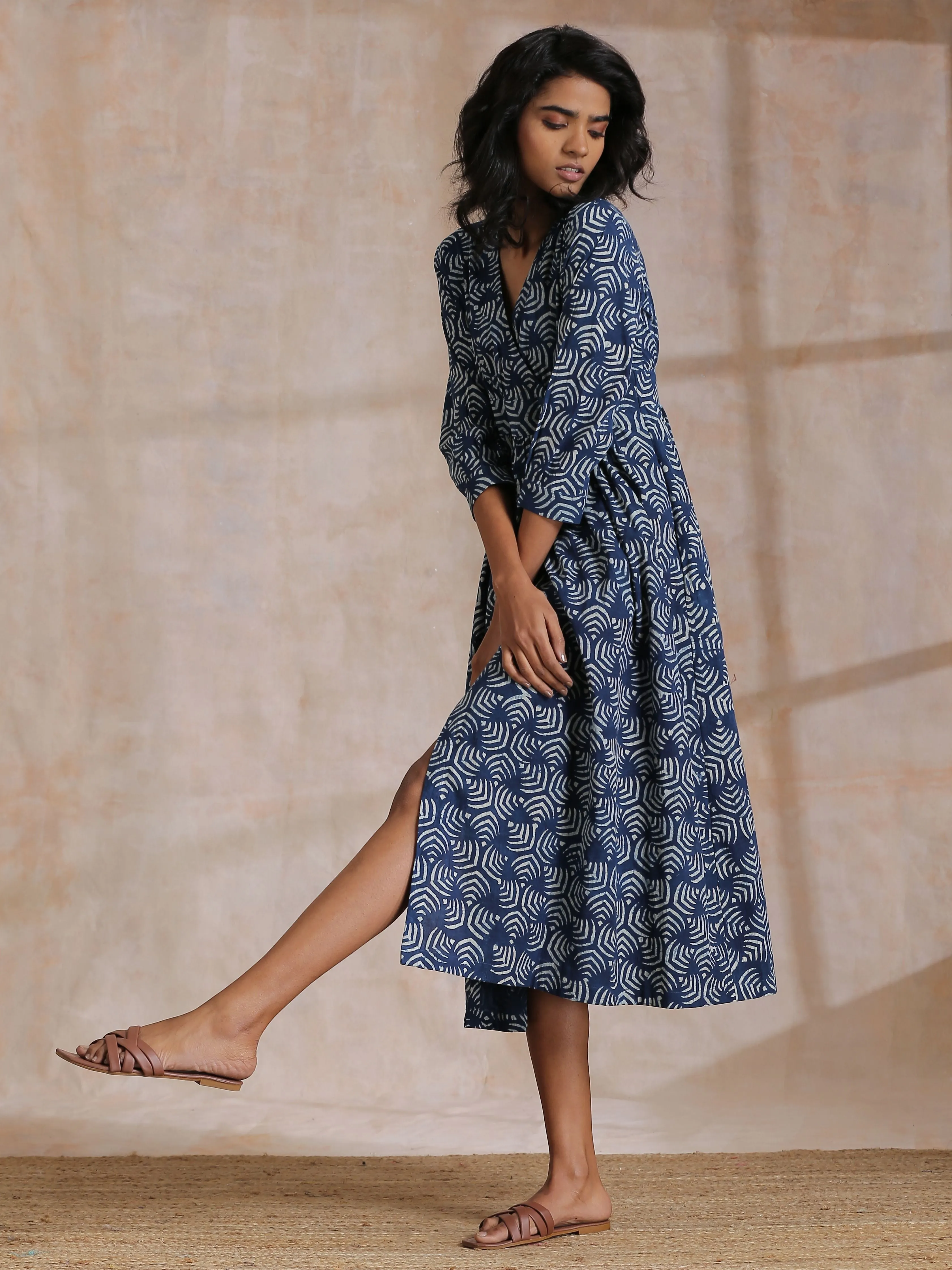 Indigo Dabu Overall Print Cotton Wrap Dress