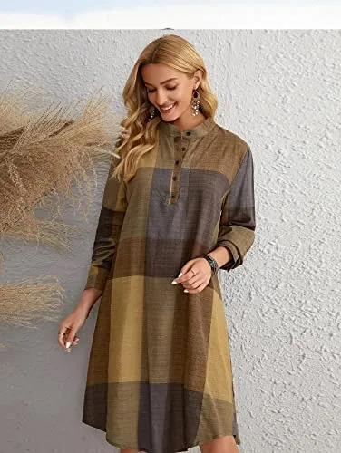 Leriya Fashion Western Dress || Rayon Color Block Half Button Front Dress for Women || Long Cuff Sleeve & Stand Collared Neck Tunic Dress || Office || Summer Dresses for Women. (XX-Large, Mustard)