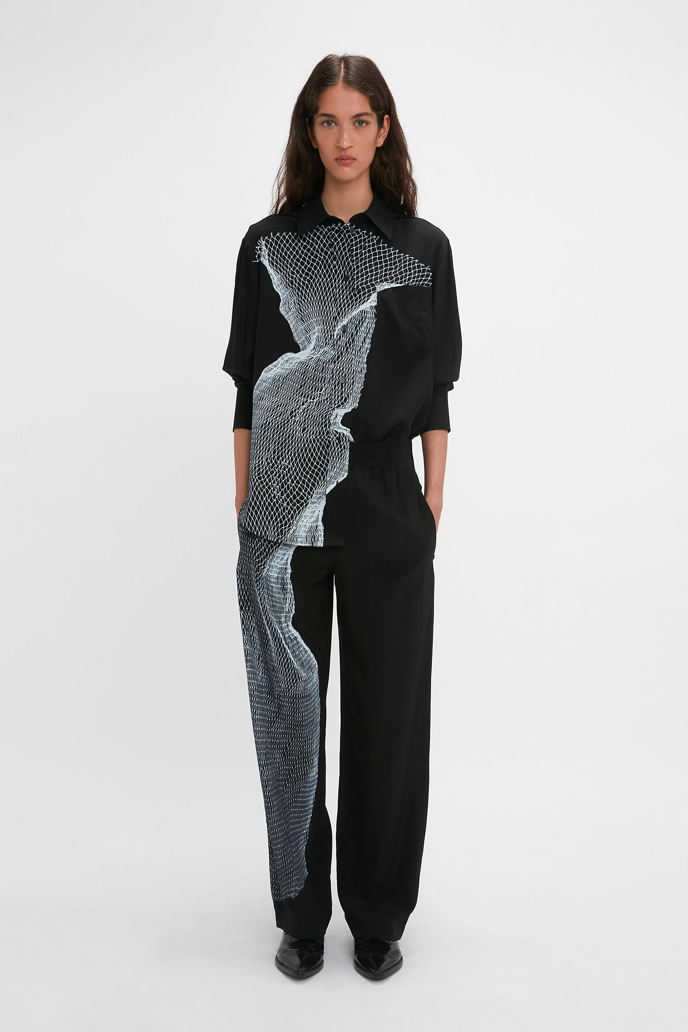 Long Sleeve Pyjama Shirt In Black-White Contorted Net