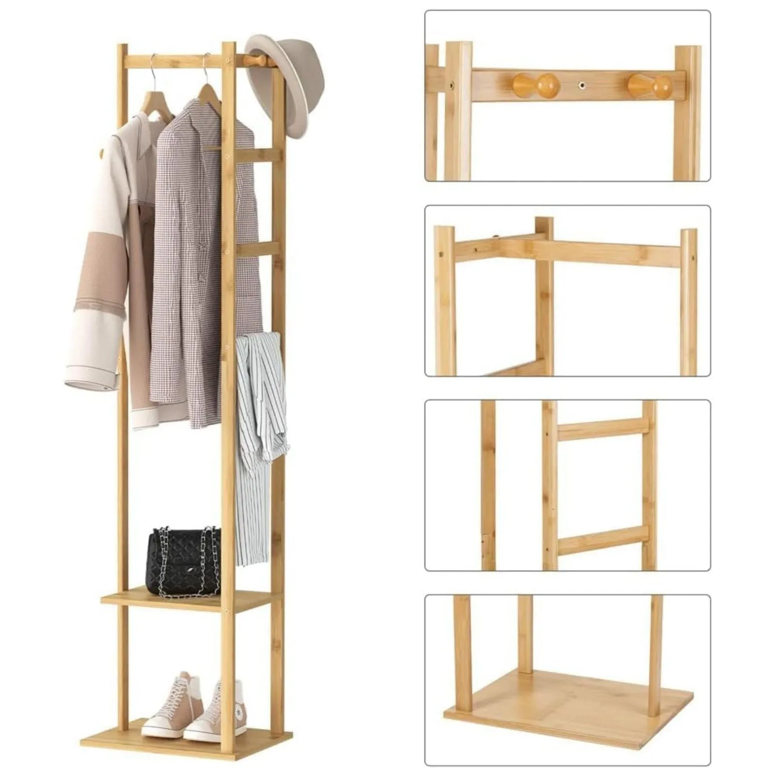 Natural Bamboo 2-Tier Clothing Rack with Hooks - EKKIO