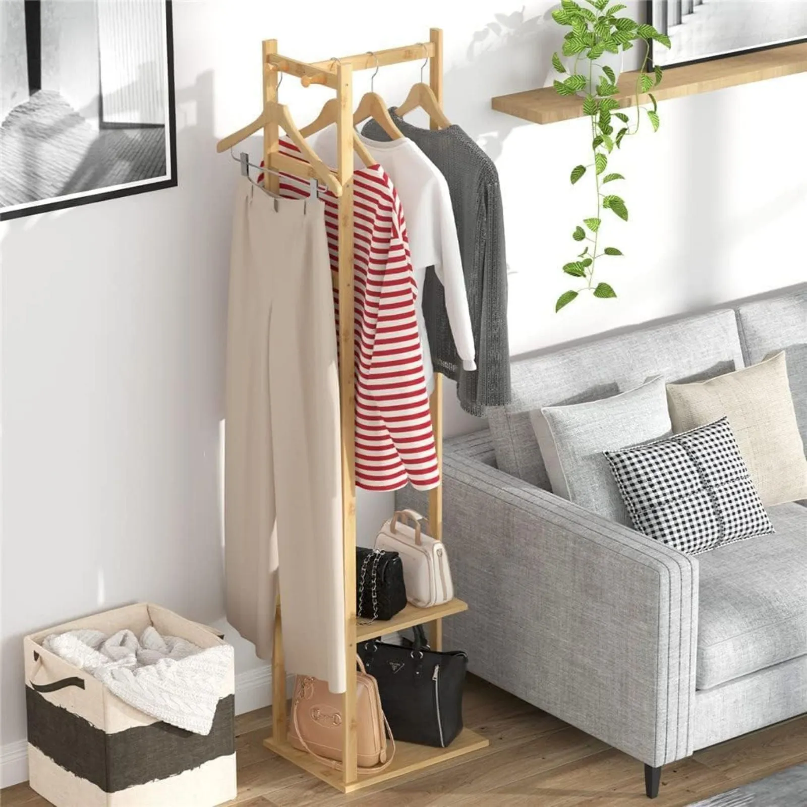 Natural Bamboo 2-Tier Clothing Rack with Hooks - EKKIO