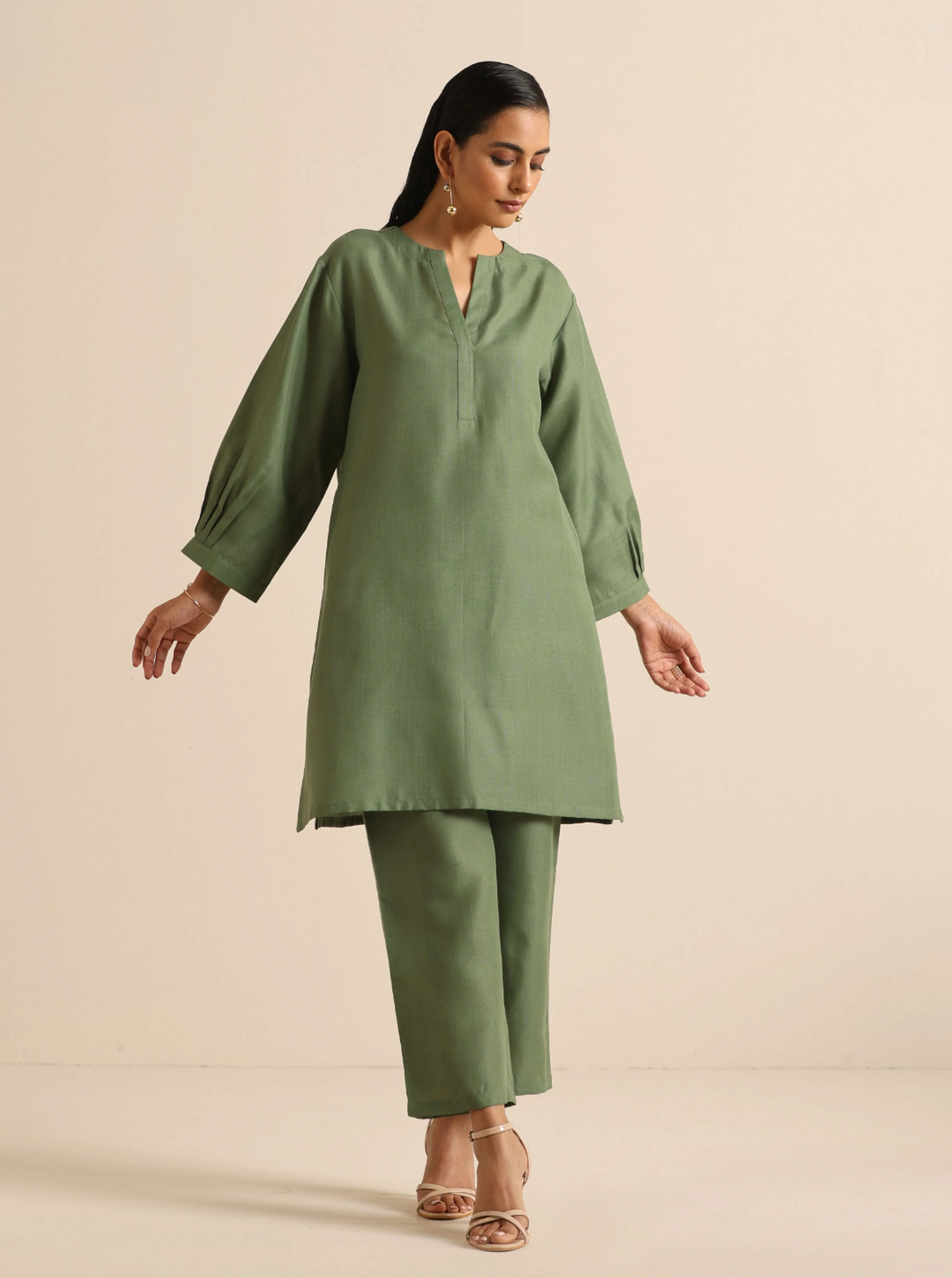 Olive Green Slub Relaxed Placket Co-Ord Set