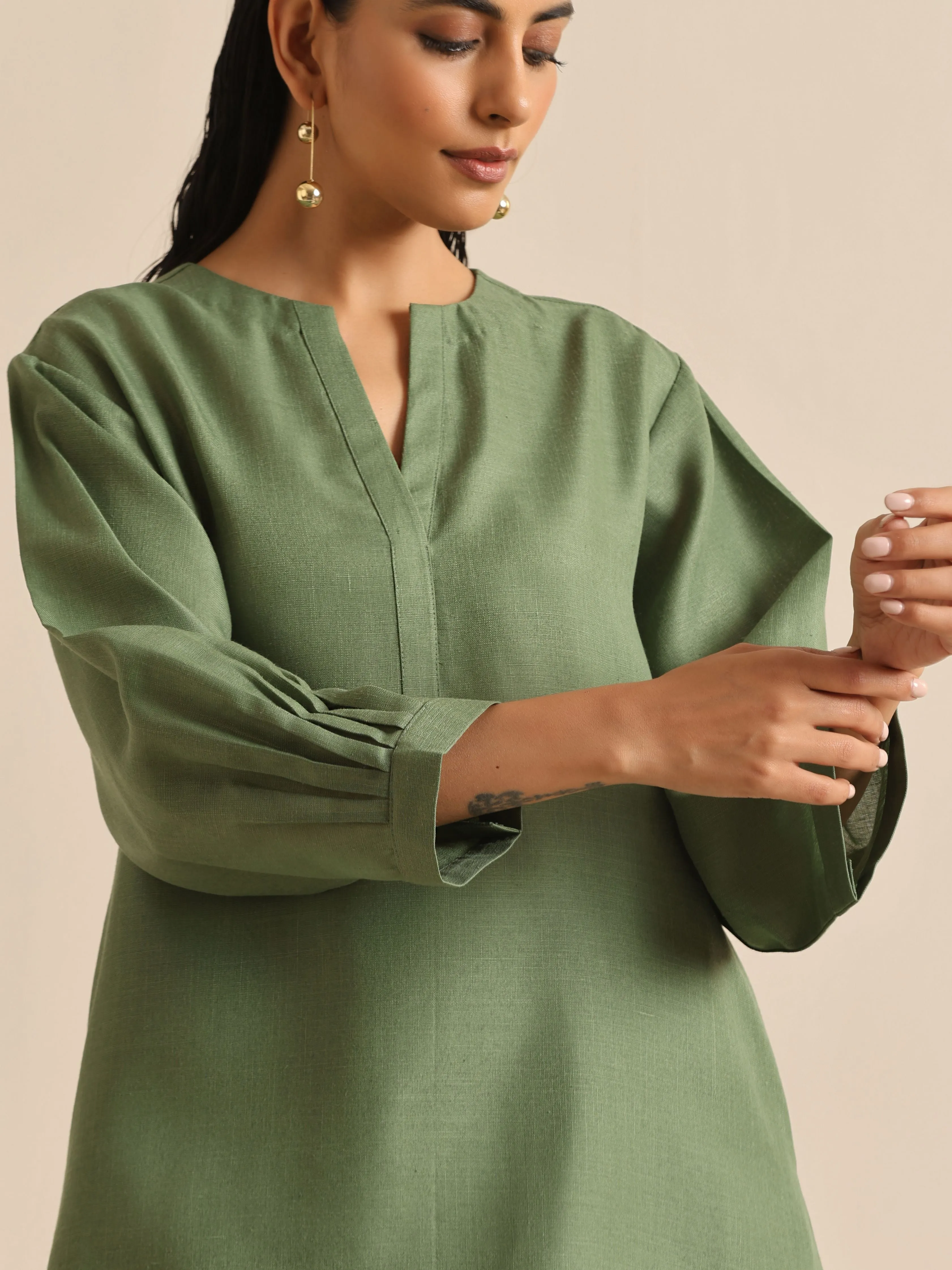 Olive Green Slub Relaxed Placket Co-Ord Set