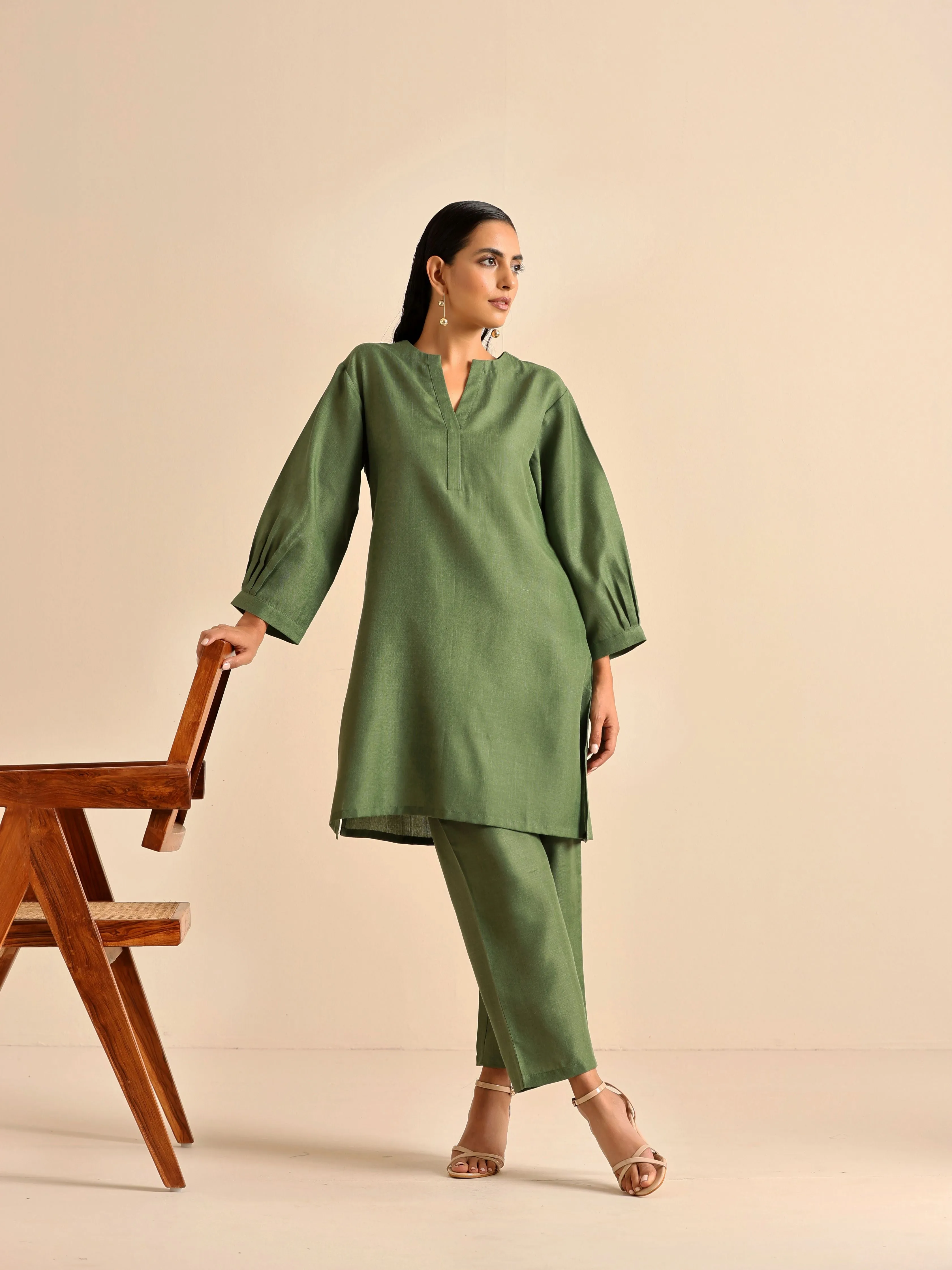 Olive Green Slub Relaxed Placket Co-Ord Set