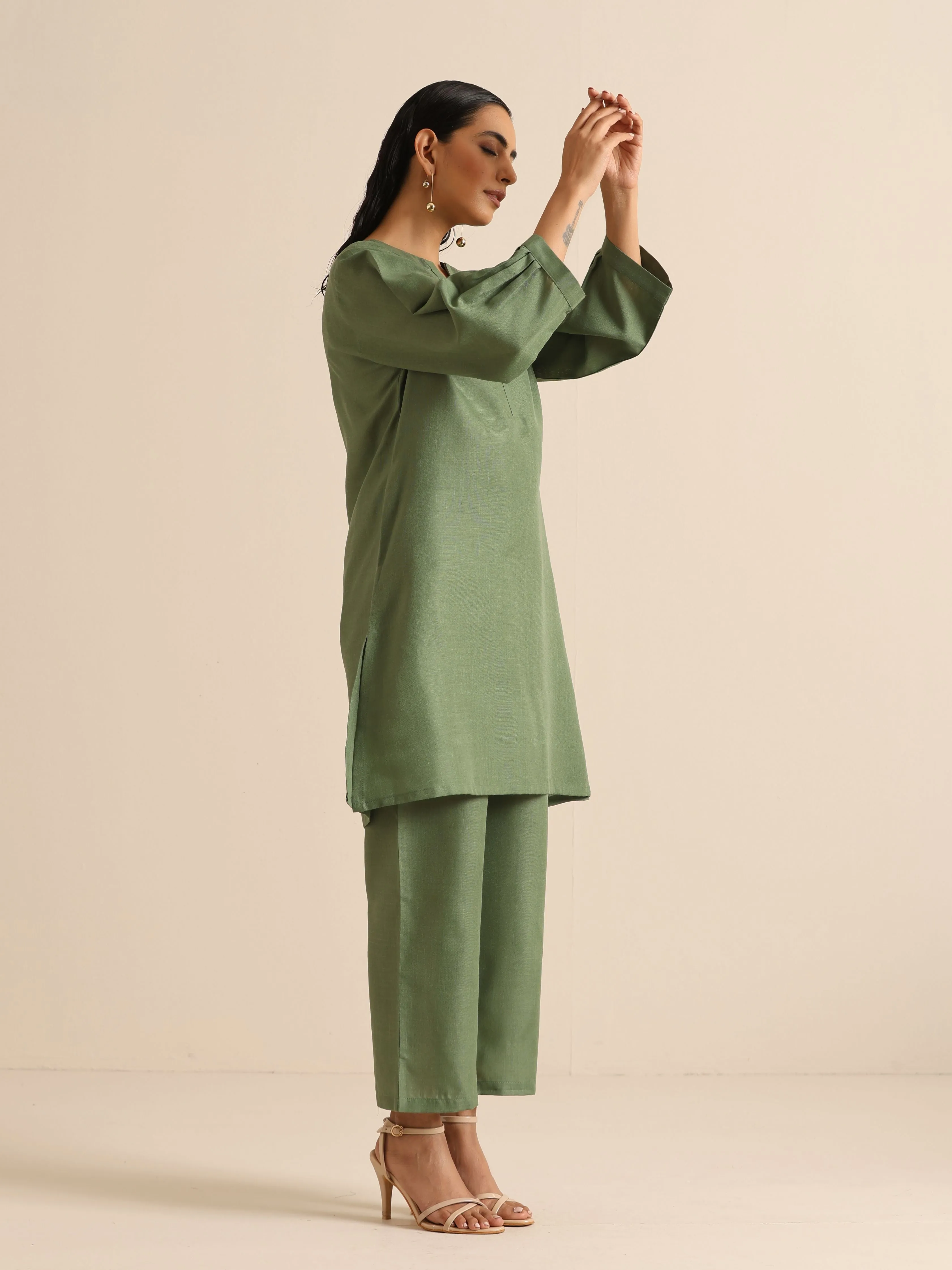 Olive Green Slub Relaxed Placket Co-Ord Set