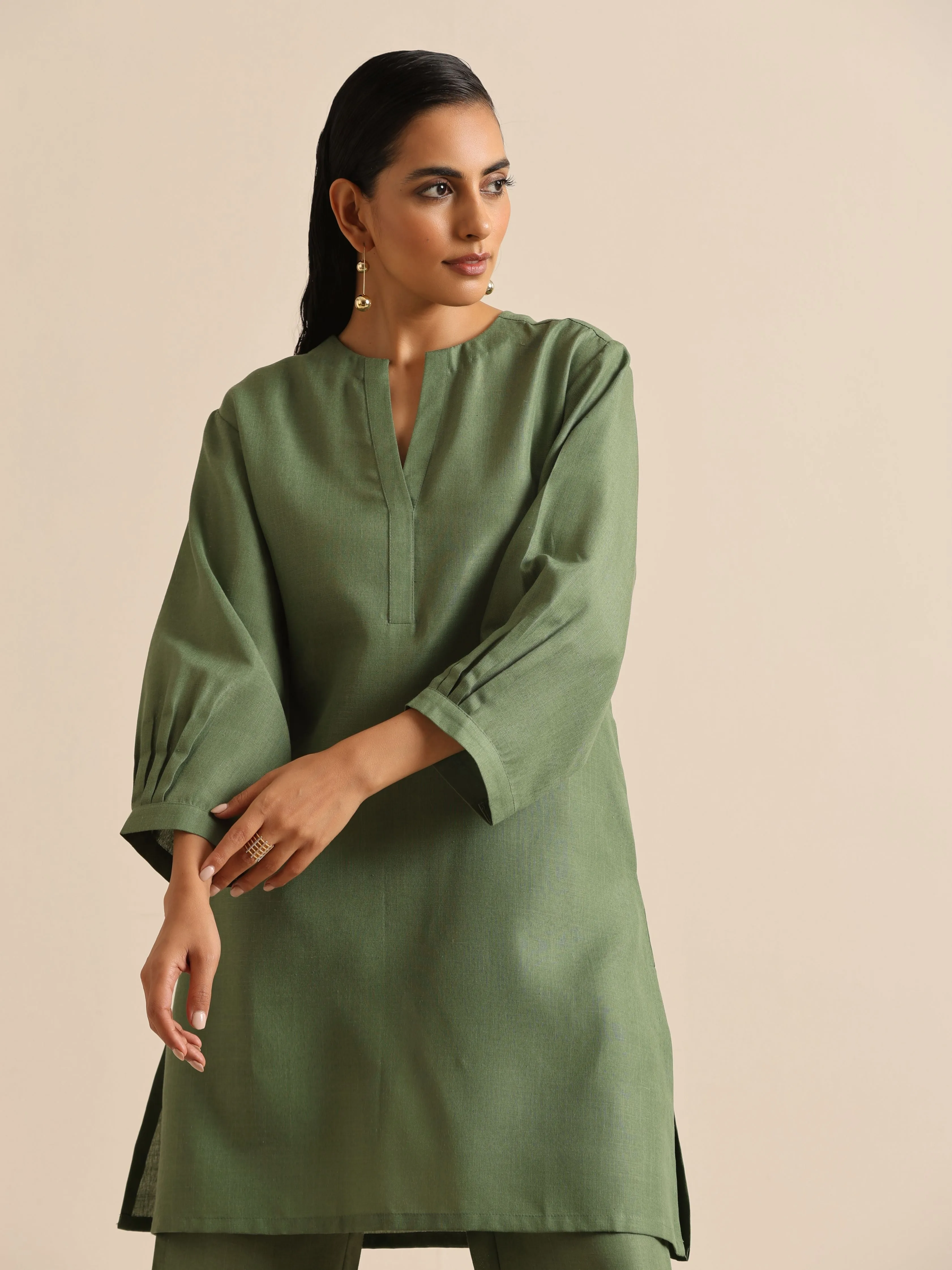 Olive Green Slub Relaxed Placket Co-Ord Set