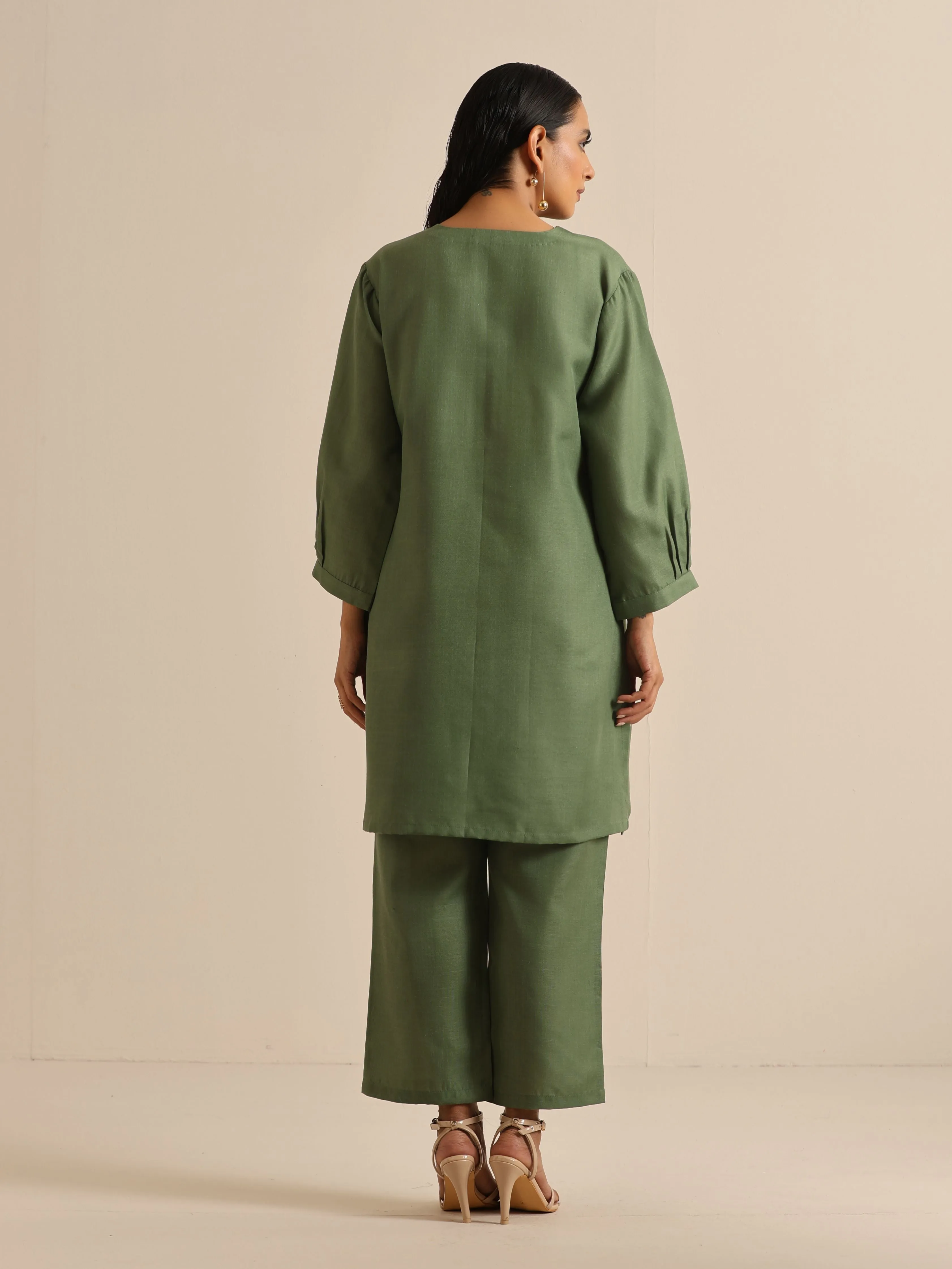 Olive Green Slub Relaxed Placket Co-Ord Set