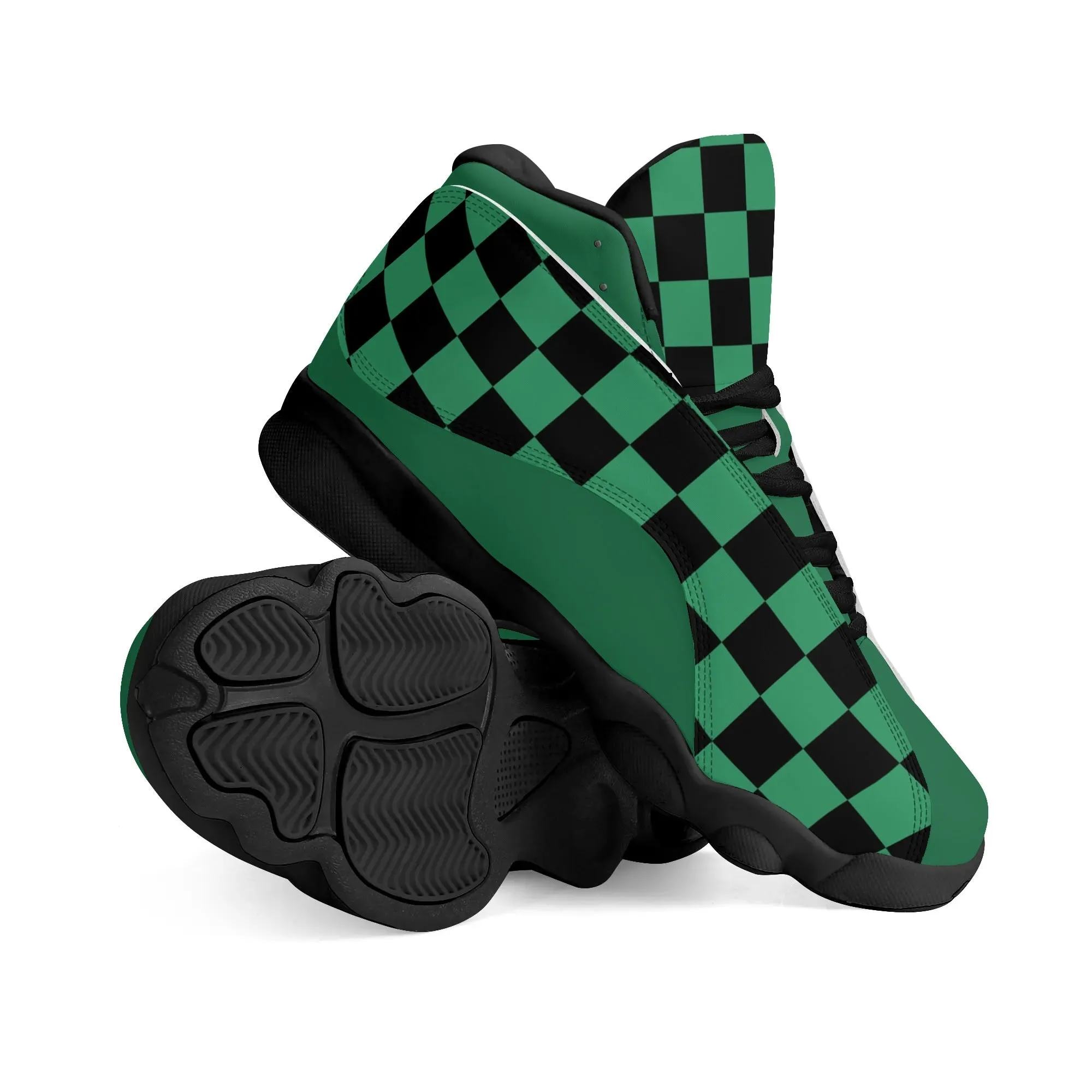 Skate shoe | High Top Sneakers | PU Vegan Leather Basketball shoes | Anime Slayer of Demon | Green Black Checkered