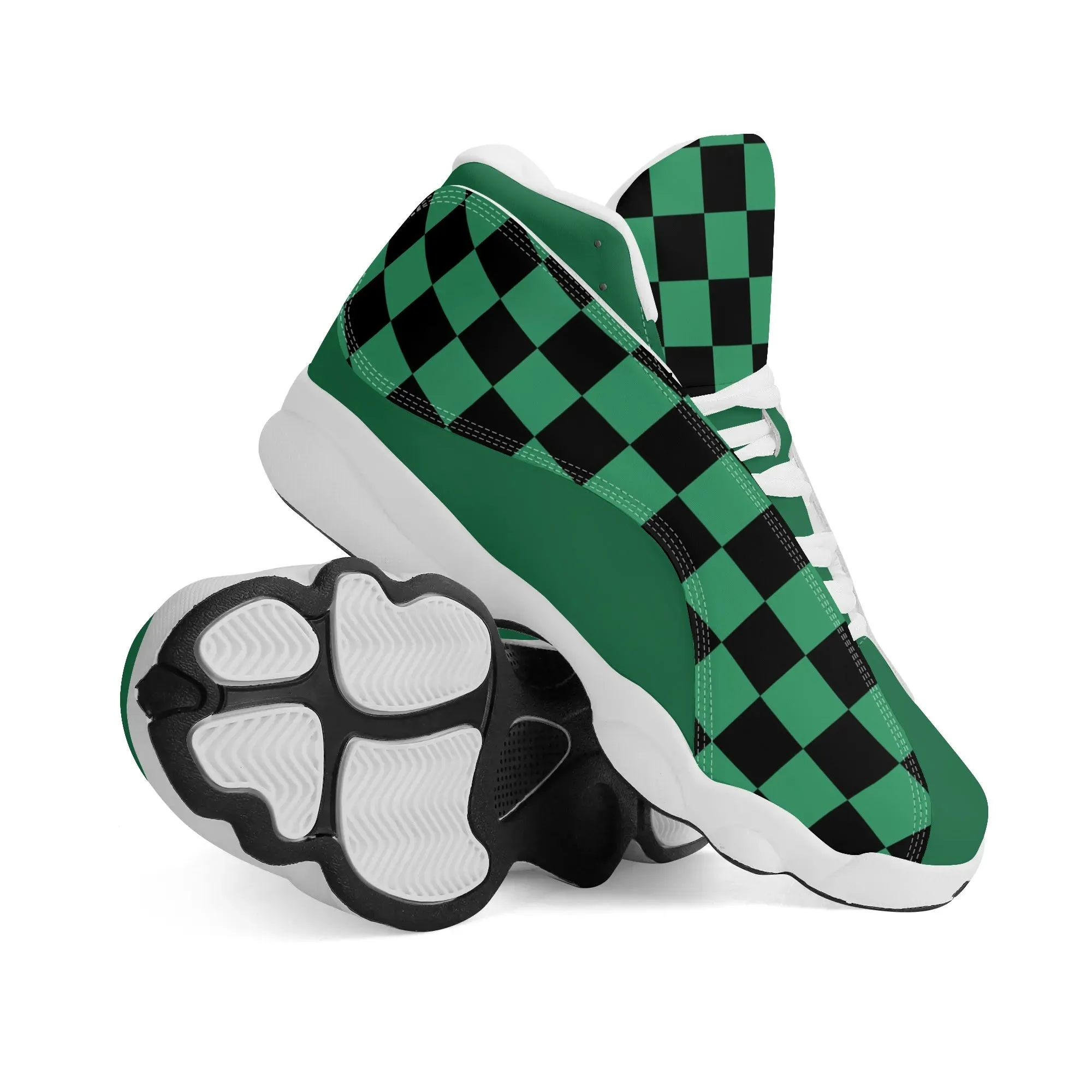 Skate shoe | High Top Sneakers | PU Vegan Leather Basketball shoes | Anime Slayer of Demon | Green Black Checkered