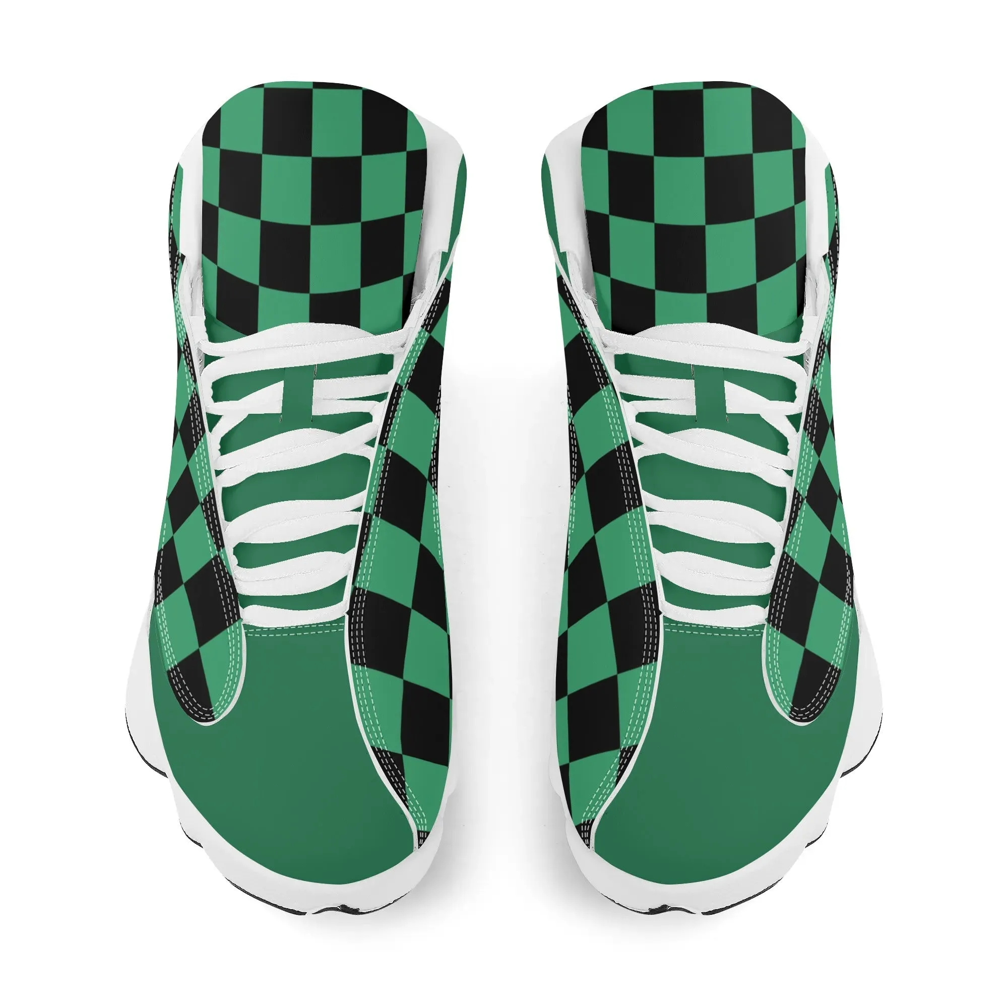 Skate shoe | High Top Sneakers | PU Vegan Leather Basketball shoes | Anime Slayer of Demon | Green Black Checkered