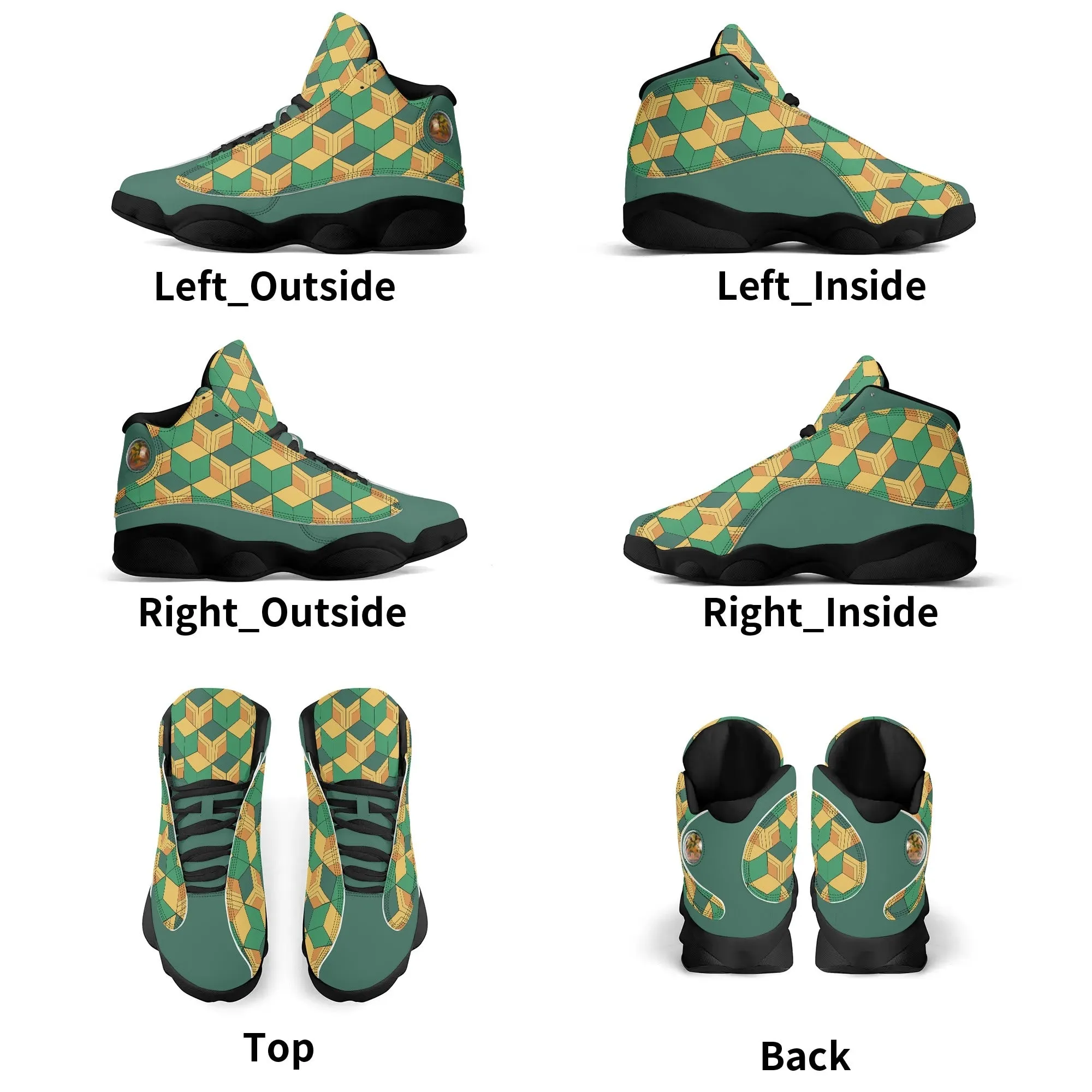 Skate shoe | High Top Sneakers | PU Vegan Leather Basketball shoes | Anime Slayer of Demon | Green Yellow Pattern