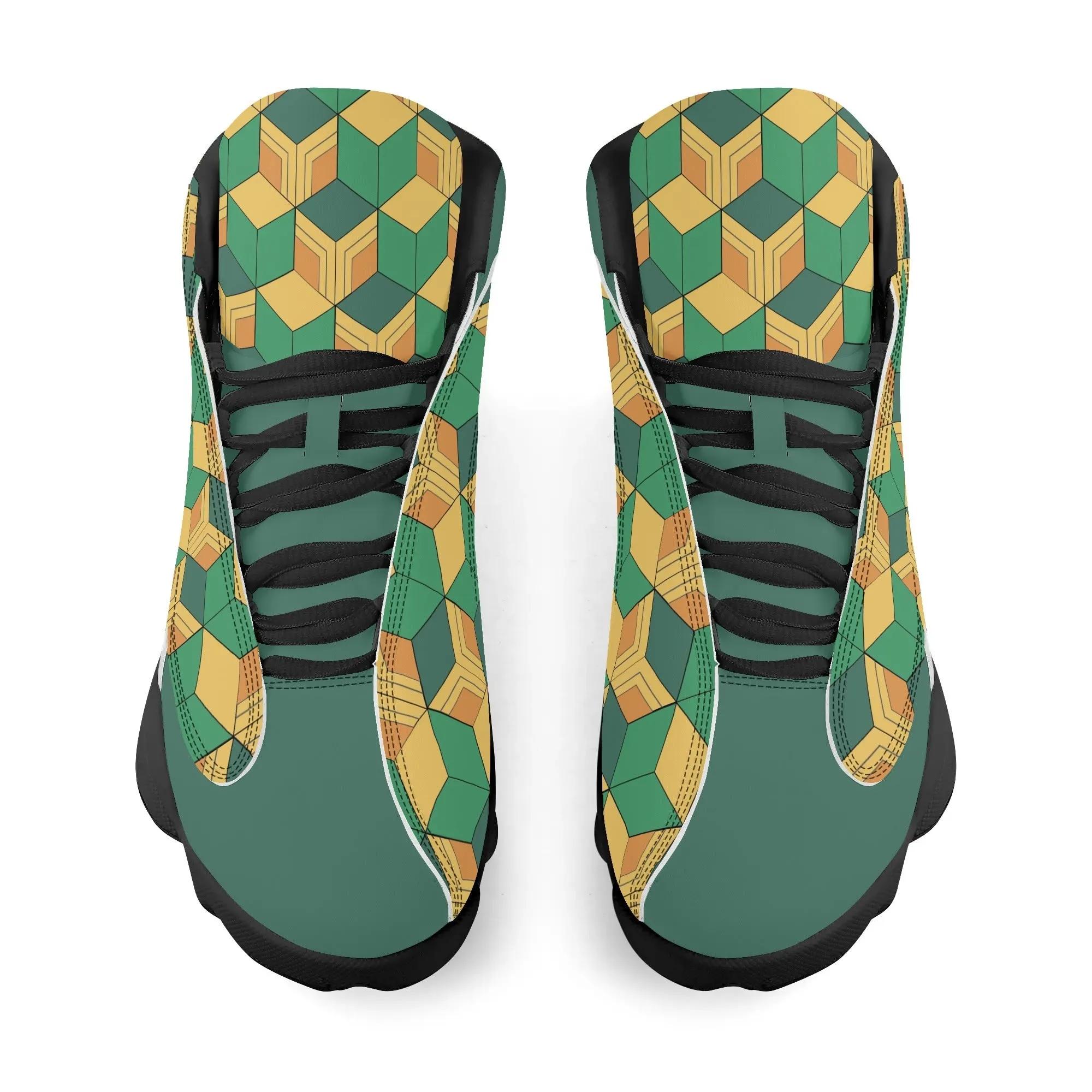 Skate shoe | High Top Sneakers | PU Vegan Leather Basketball shoes | Anime Slayer of Demon | Green Yellow Pattern