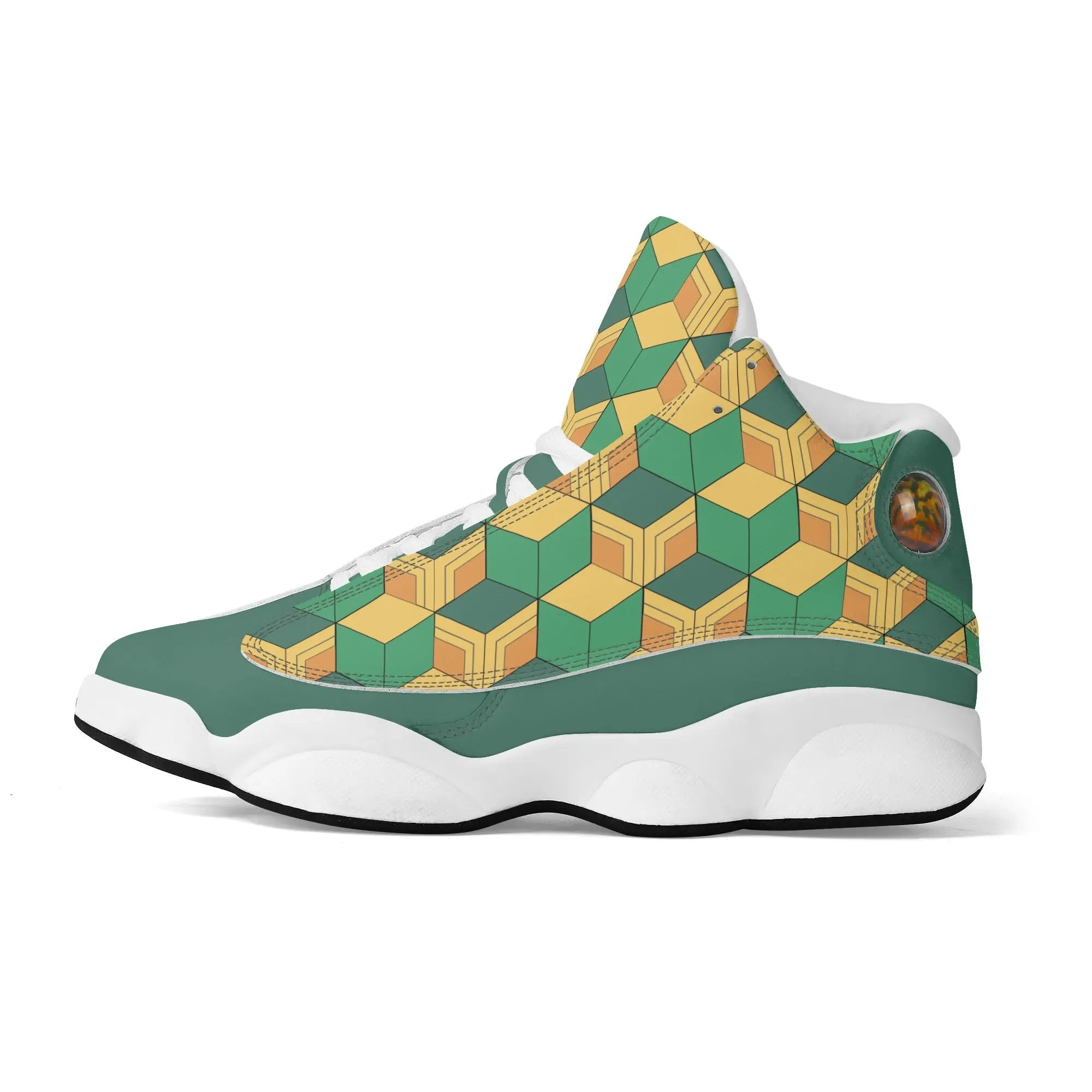 Skate shoe | High Top Sneakers | PU Vegan Leather Basketball shoes | Anime Slayer of Demon | Green Yellow Pattern