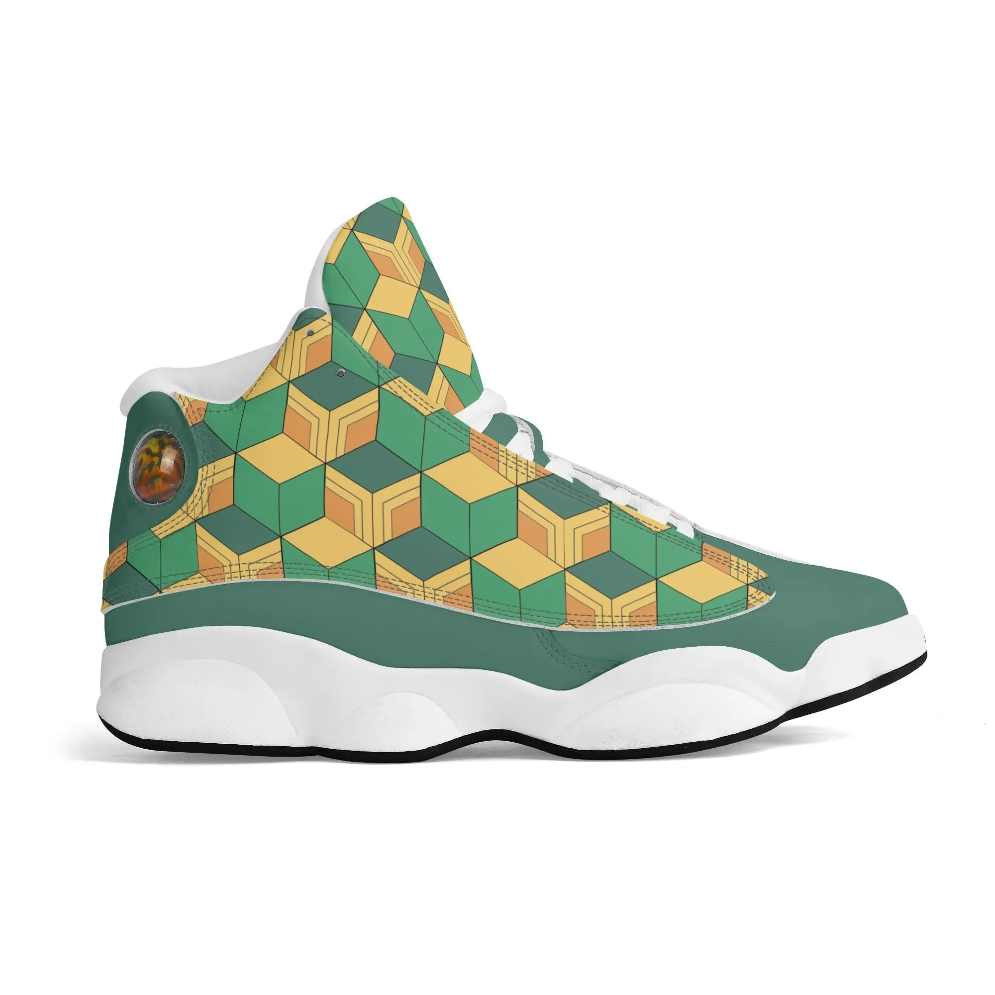 Skate shoe | High Top Sneakers | PU Vegan Leather Basketball shoes | Anime Slayer of Demon | Green Yellow Pattern