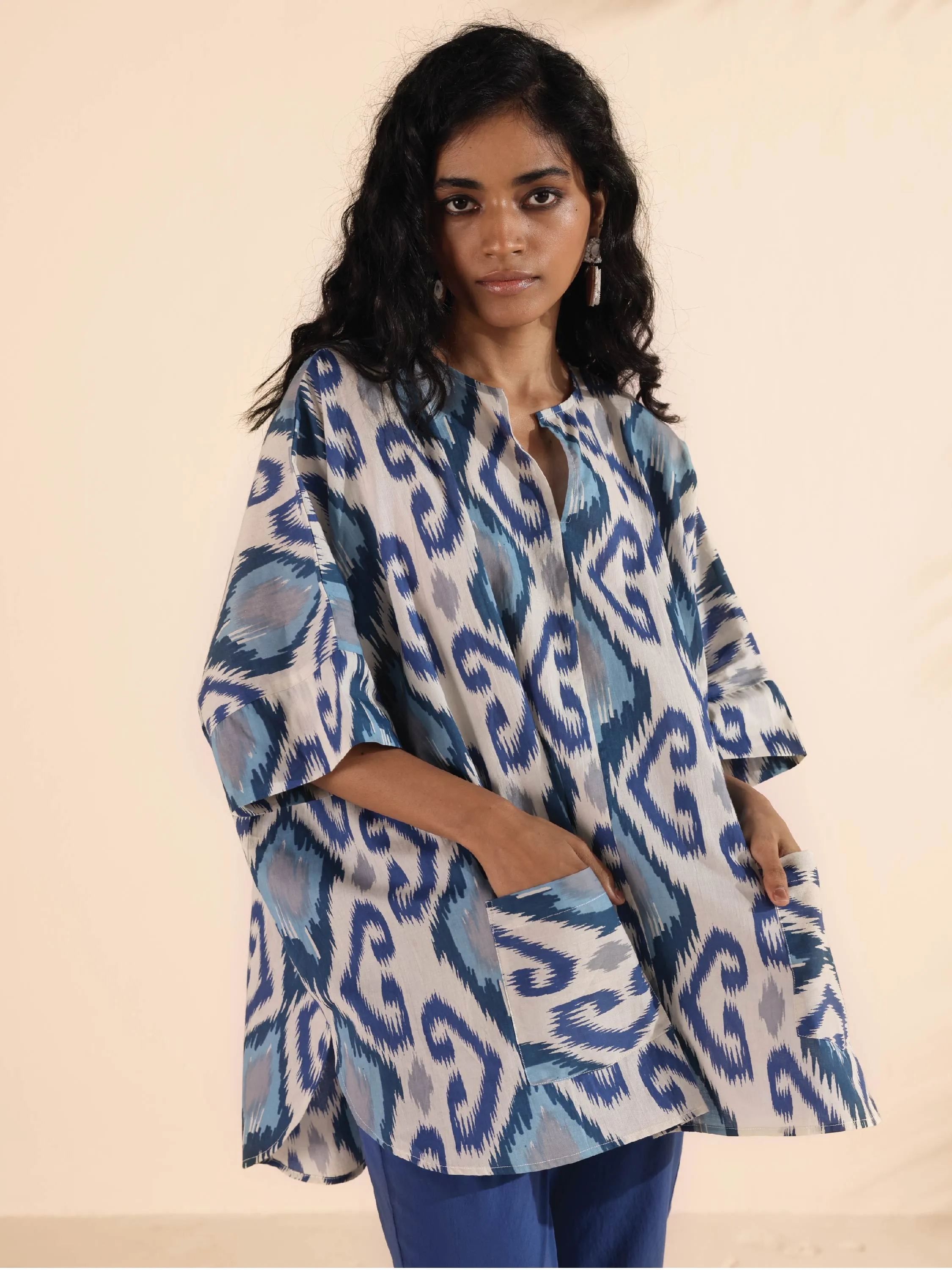 trueBrowns Blue Cotton Ikat Kaftan Co-ord Set