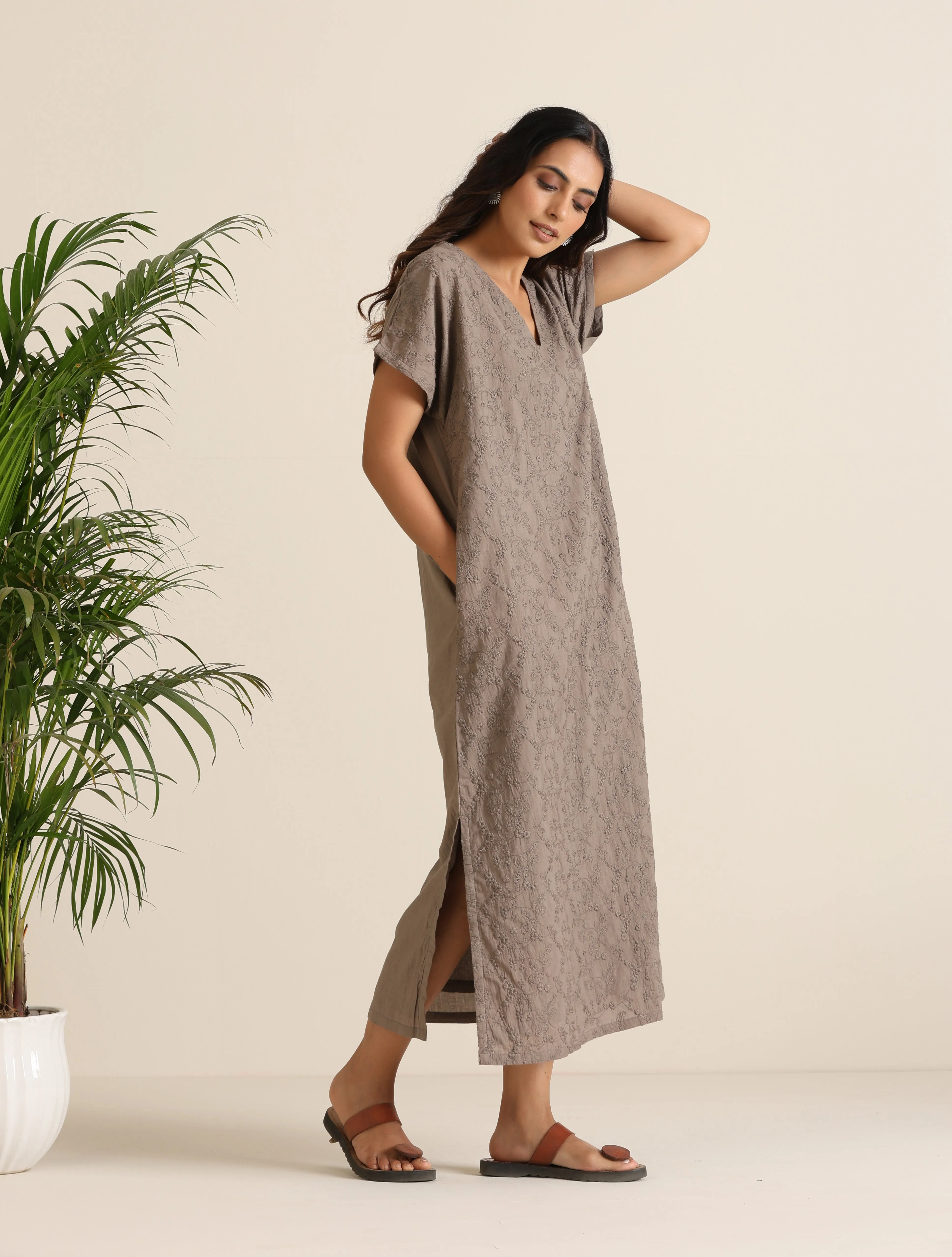 trueBrowns Grey Cotton Embroidered Dress