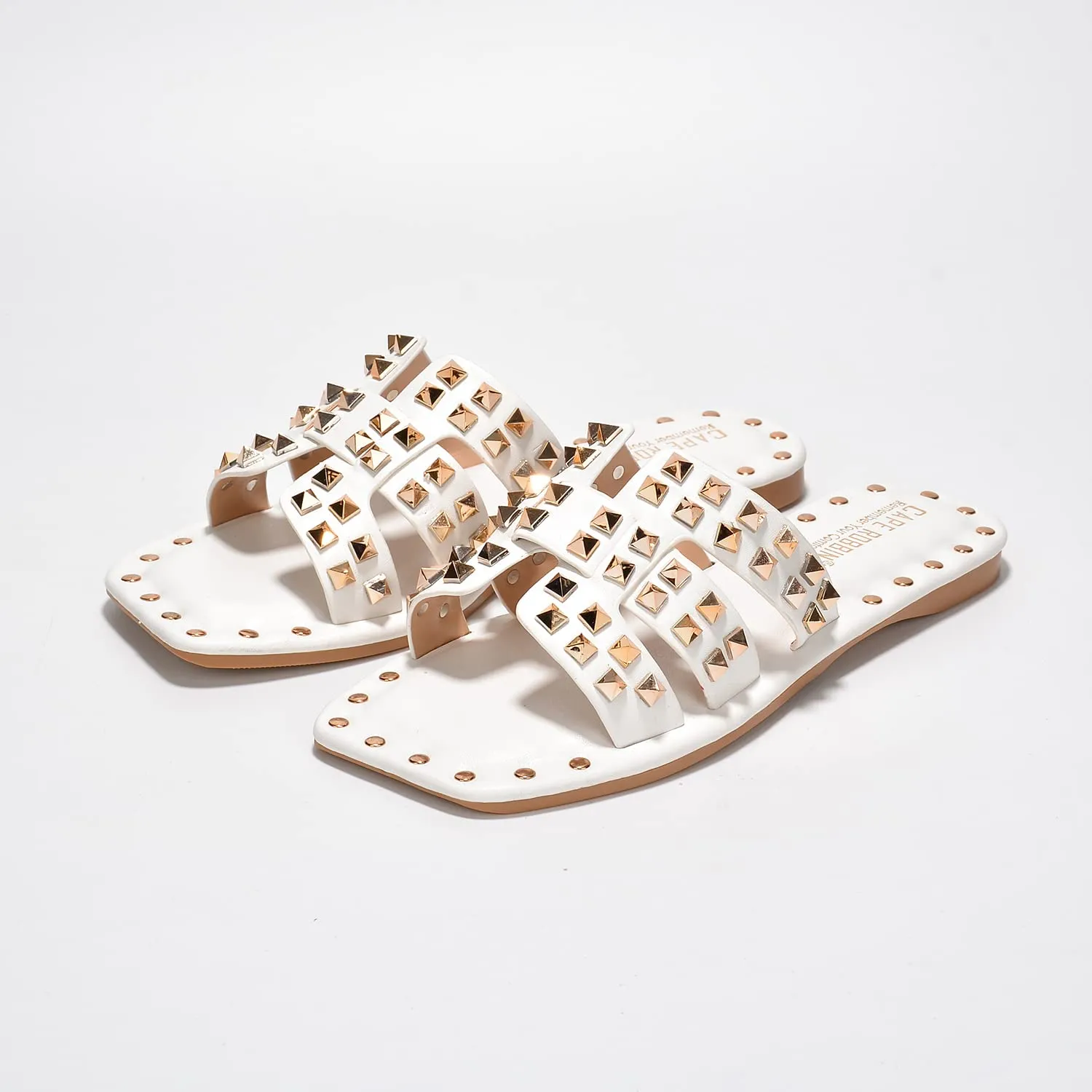 White Chic Stylish Studded Flat Summer Sandals