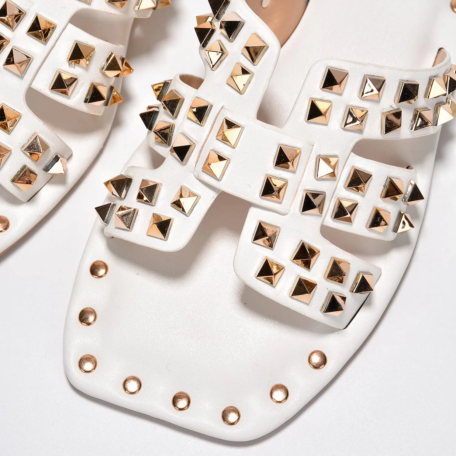 White Chic Stylish Studded Flat Summer Sandals