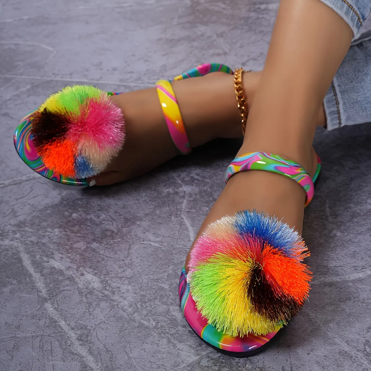 Women's Colorful Stylish Slides, Rainbow Stripe Flat Sandals